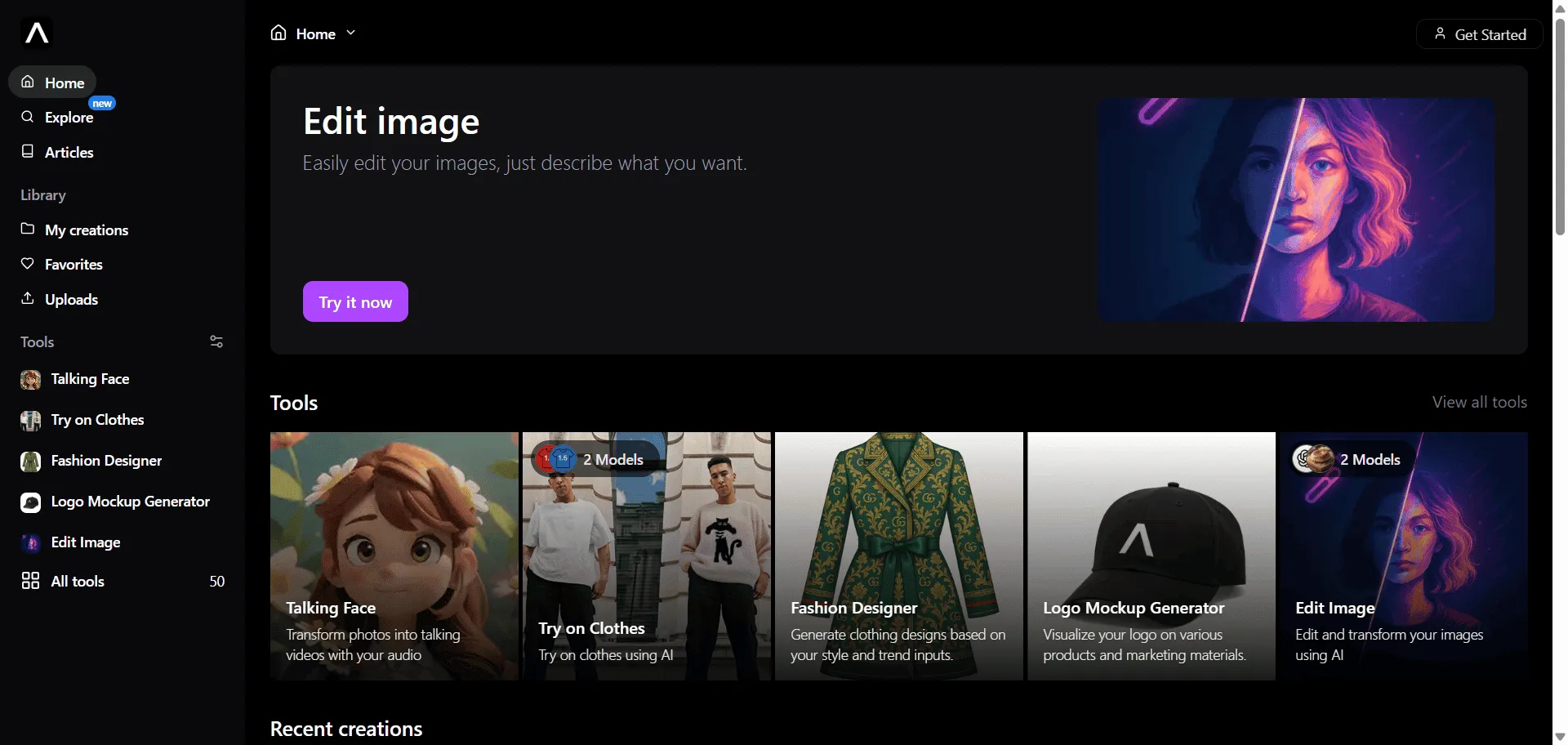 Stop struggling with complex creative workflows when AI-powered automation delivers professional multimedia results with AI creative tools from Artificial Studio. Built for designers, marketers, and content creators, it combines text-to-video generation with image creation tools so you can produce professional content in minutes, while face swap technology and style transfer features enable seamless visual storytelling without technical expertise. This runs on a platform offering over 25 AI models for images, music, text, and video creation, ensuring every project ships faster, looks sharper, and scales effortlessly. The comprehensive suite includes everything from background removal and image upscaling to 3D model creation and audio transcription, giving you access to professional-grade tools that transform simple ideas into polished multimedia content across all creative disciplines.