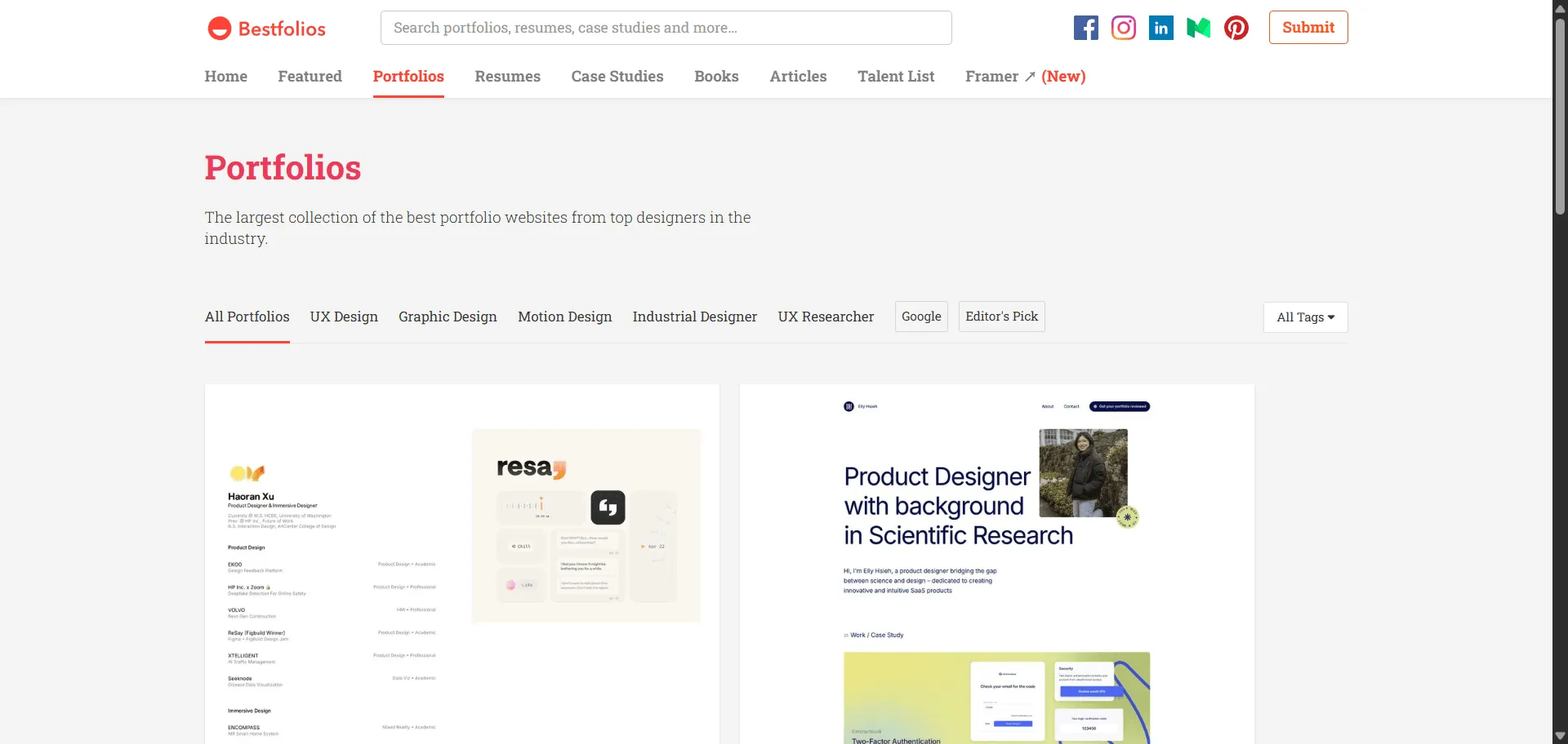 Built for UI/UX designers and creative professionals, it combines 505 curated portfolios with 200 resume examples so you can find relevant inspiration instantly, while organized collections by UX design, graphic design, and motion design enable targeted browsing without generic template overload. This runs on a platform trusted by design educators who use it to teach portfolio prep to students and hiring managers seeking quality examples, ensuring every portfolio review surfaces professional presentation techniques, case study structures, and visual hierarchy that transforms blank pages into compelling career showcases. The comprehensive gallery features editor's picks and categorized collections that help creative professionals overcome self-presentation challenges through real-world examples of effective portfolio storytelling and user experience design principles.