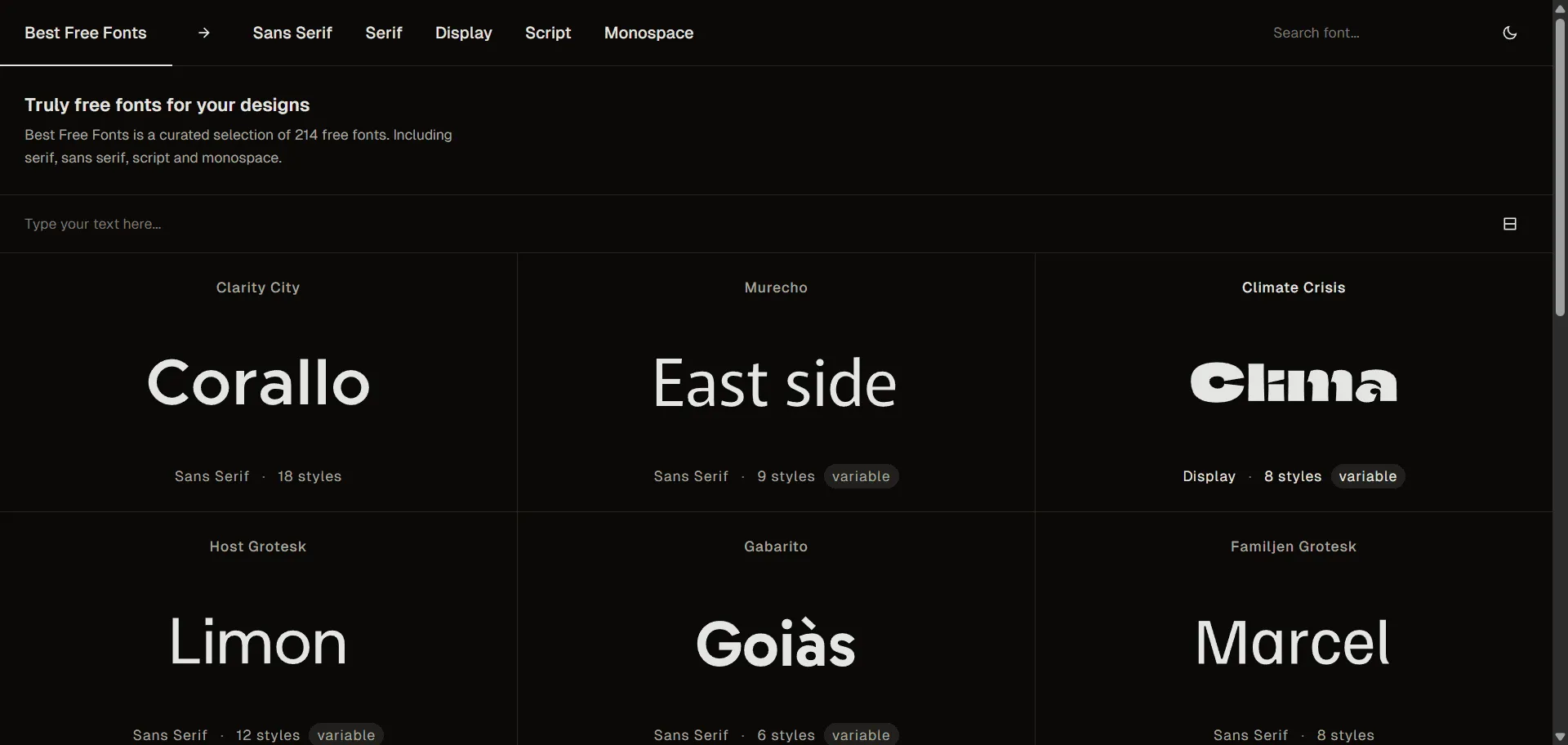 Access premium-quality typography without licensing fees or budget constraints through free typography collection Best Free Fonts. Built for designers, developers, and creative professionals who refuse to compromise on aesthetic quality, this carefully curated platform combines 214 handpicked fonts across serif, sans serif, script, and monospace categories with variable font options like Bricolage Grotesque's 63 styles so you can discover exceptional typefaces from foundries like Huerta Tipográfica and implement them immediately in commercial projects, while organized browsing by style and comprehensive font information enable seamless creative workflows without legal complications or hidden costs. This runs on a platform that maintains rigorous curation standards and provides truly free fonts for commercial use, ensuring every project elevates beyond generic system fonts, maintains professional typography standards, and delivers designs that command attention through thoughtful type selection rather than expensive licensing agreements that drain creative budgets.