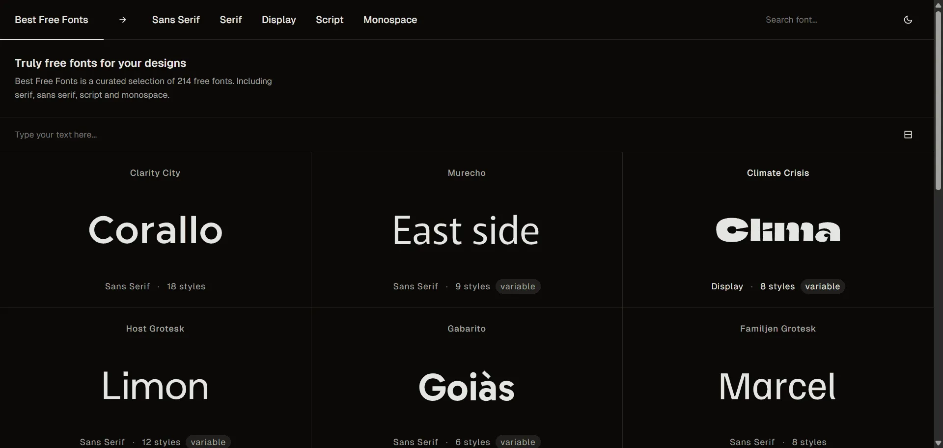 Access premium-quality typography without licensing fees or budget constraints through free typography collection Best Free Fonts. Built for designers, developers, and creative professionals who refuse to compromise on aesthetic quality, this carefully curated platform combines 214 handpicked fonts across serif, sans serif, script, and monospace categories with variable font options like Bricolage Grotesque's 63 styles so you can discover exceptional typefaces from foundries like Huerta Tipográfica and implement them immediately in commercial projects, while organized browsing by style and comprehensive font information enable seamless creative workflows without legal complications or hidden costs. This runs on a platform that maintains rigorous curation standards and provides truly free fonts for commercial use, ensuring every project elevates beyond generic system fonts, maintains professional typography standards, and delivers designs that command attention through thoughtful type selection rather than expensive licensing agreements that drain creative budgets.