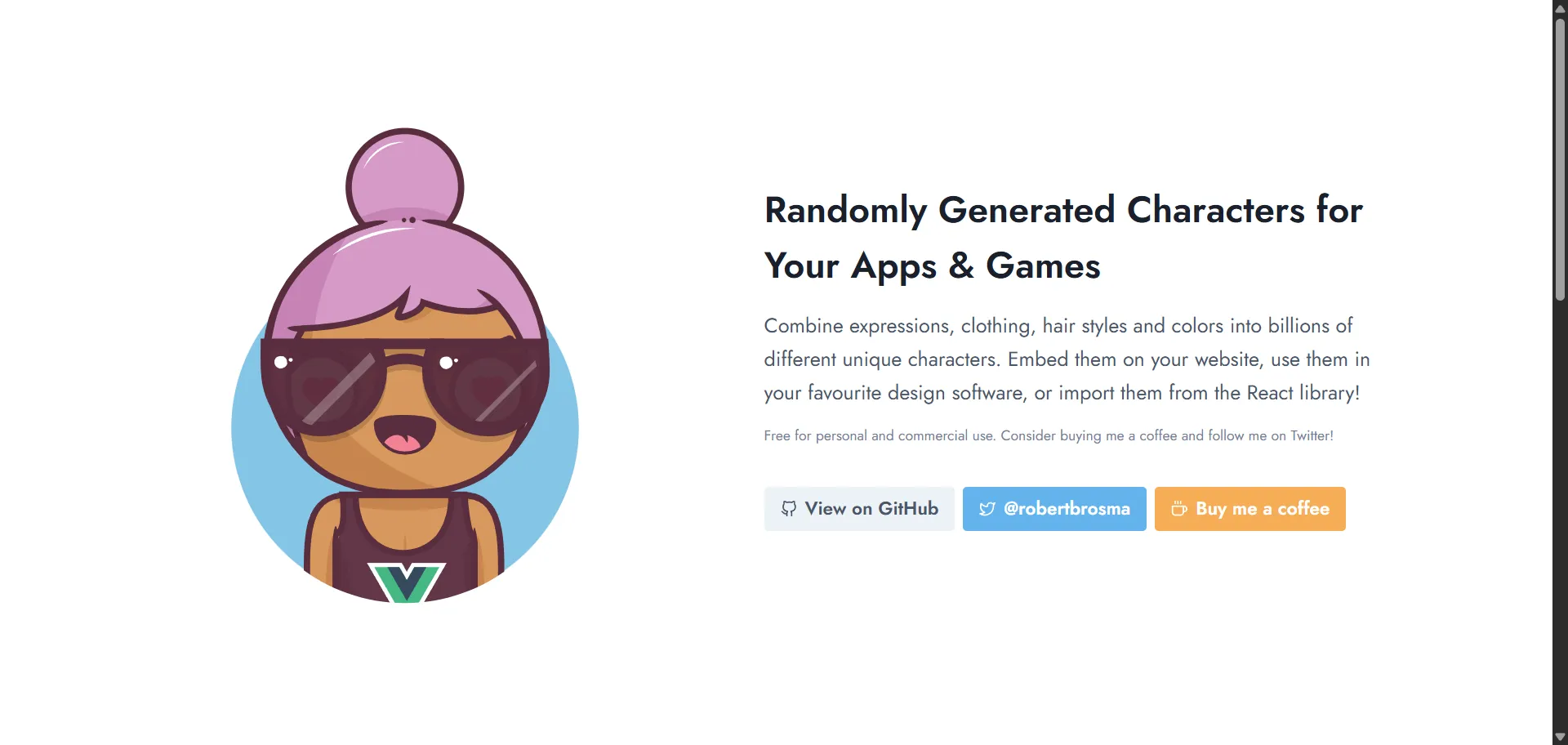 Create unique characters by combining different expressions, clothing, hair styles and colors. you can edit, save or embed the characters on their own websites or design software.