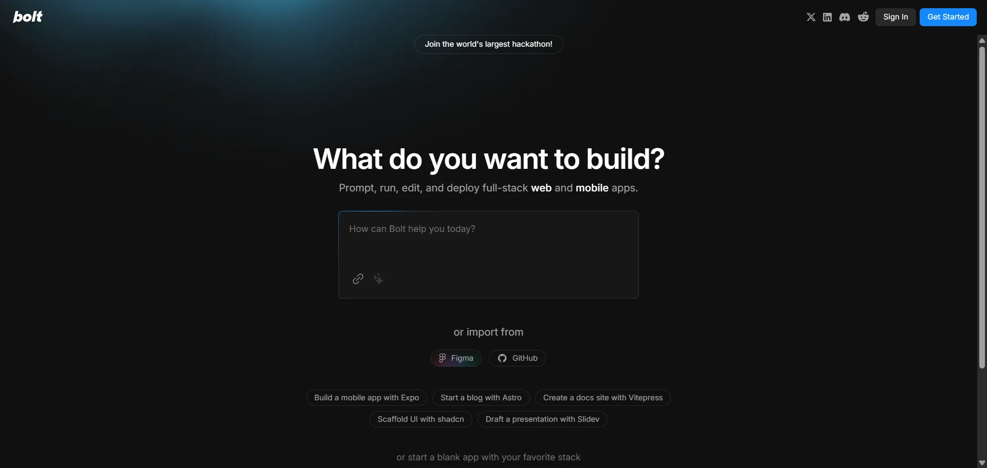 Bolt.new is an AI-powered web app builder that enables developers to create full-stack applications directly in the browser using natural language prompts. By simply describing your desired application, Bolt.new generates the frontend, backend, and database structure in seconds. This platform is designed for developers seeking to streamline the app development process, allowing them to focus on customization and scaling rather than boilerplate code. It supports frameworks like React, Vite, and Next.js, and integrates with tools such as Supabase and Stripe for database and payment functionalities. With a user-friendly interface and the power of AI, Bolt.new accelerates the development cycle, making it an invaluable tool for rapid prototyping and deployment.
