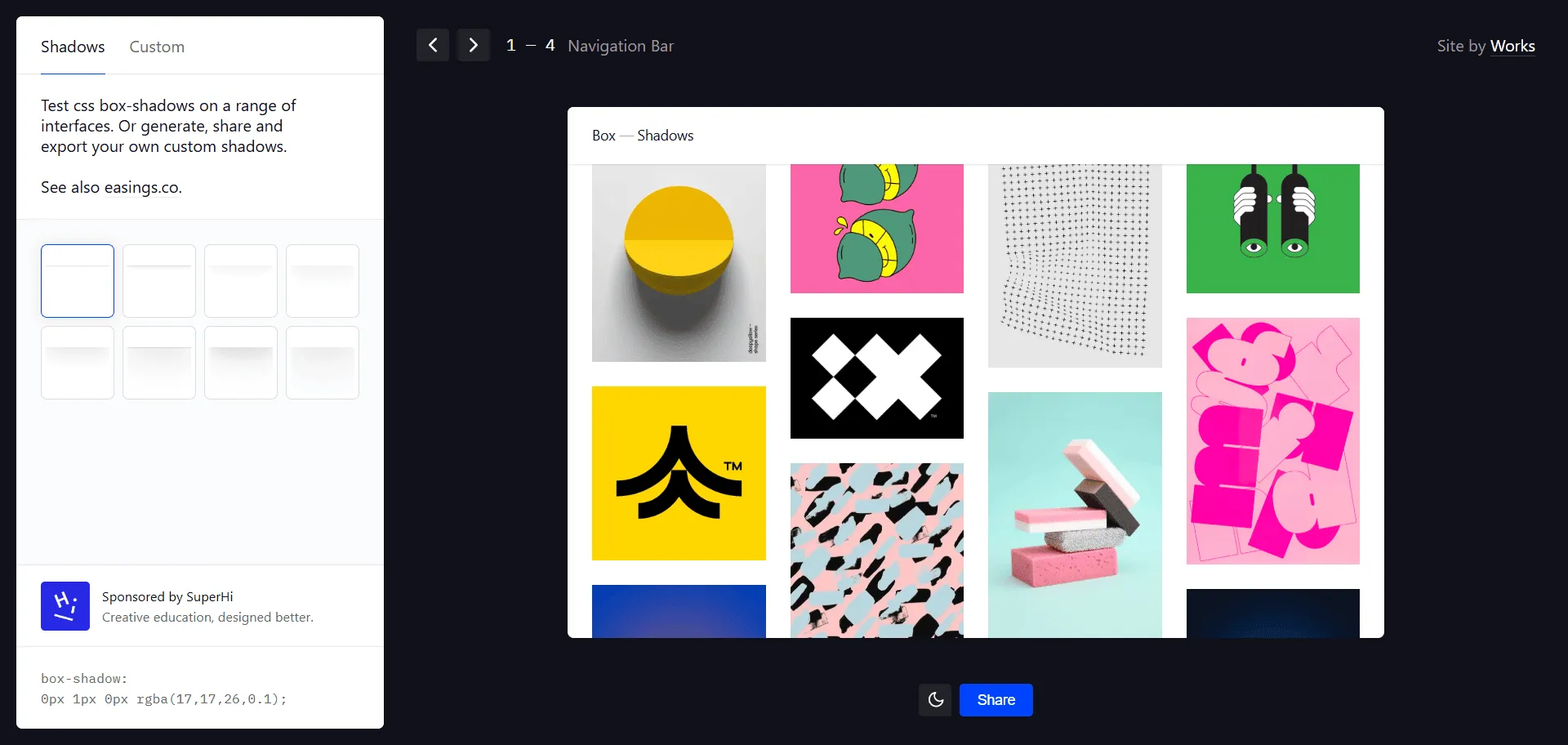 boxShadows offers an intuitive CSS box-shadow editor and quick presets to create and customize shadows for web elements. It simplifies designing shadows with adjustable properties like horizontal/vertical offset, blur radius, spread, and color. Perfect for web designers and developers looking to enhance UI elements with visually appealing shadows, this tool supports both basic and complex shadow effects, including multiple shadows and inset shadows. Users can easily copy generated CSS code for use in their projects, streamlining the design process. Ideal for adding depth and emphasis in modern web design.