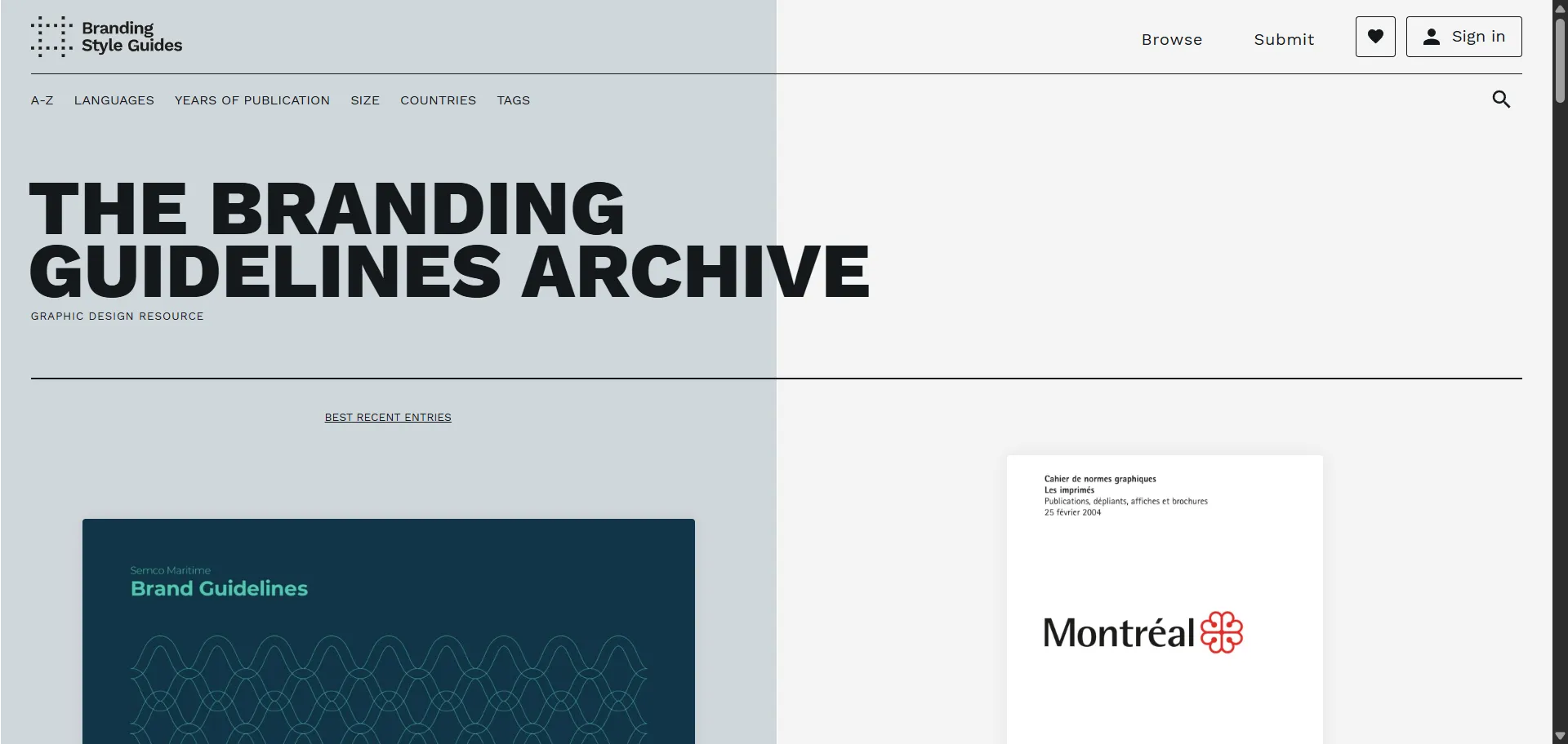 Directory of brand design manual documents from various sources. It allows you to search and access PDF documents for inspiration.