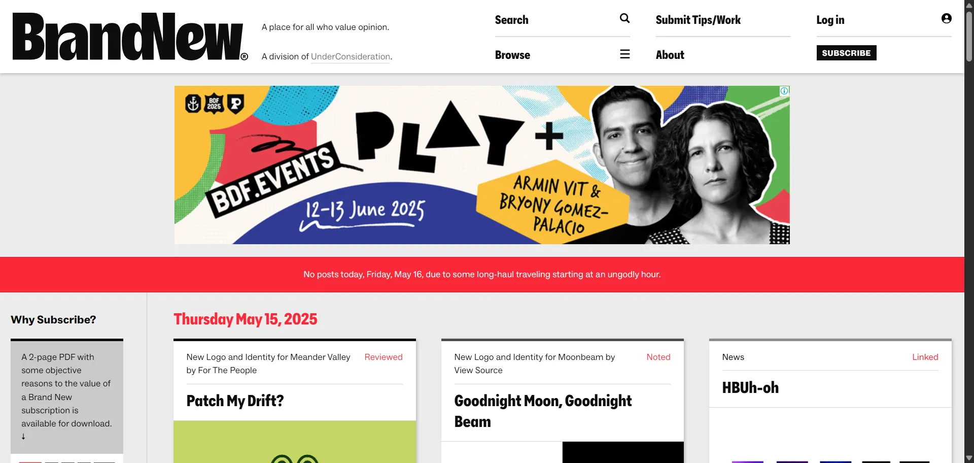 Collection of posts about critiques of corporate and brand identity work. The posts are categorized by type, such as Reviewed, Noted, Linked, and Spotted. It also features a Year in Review series, a Job Board, and a Podcast.