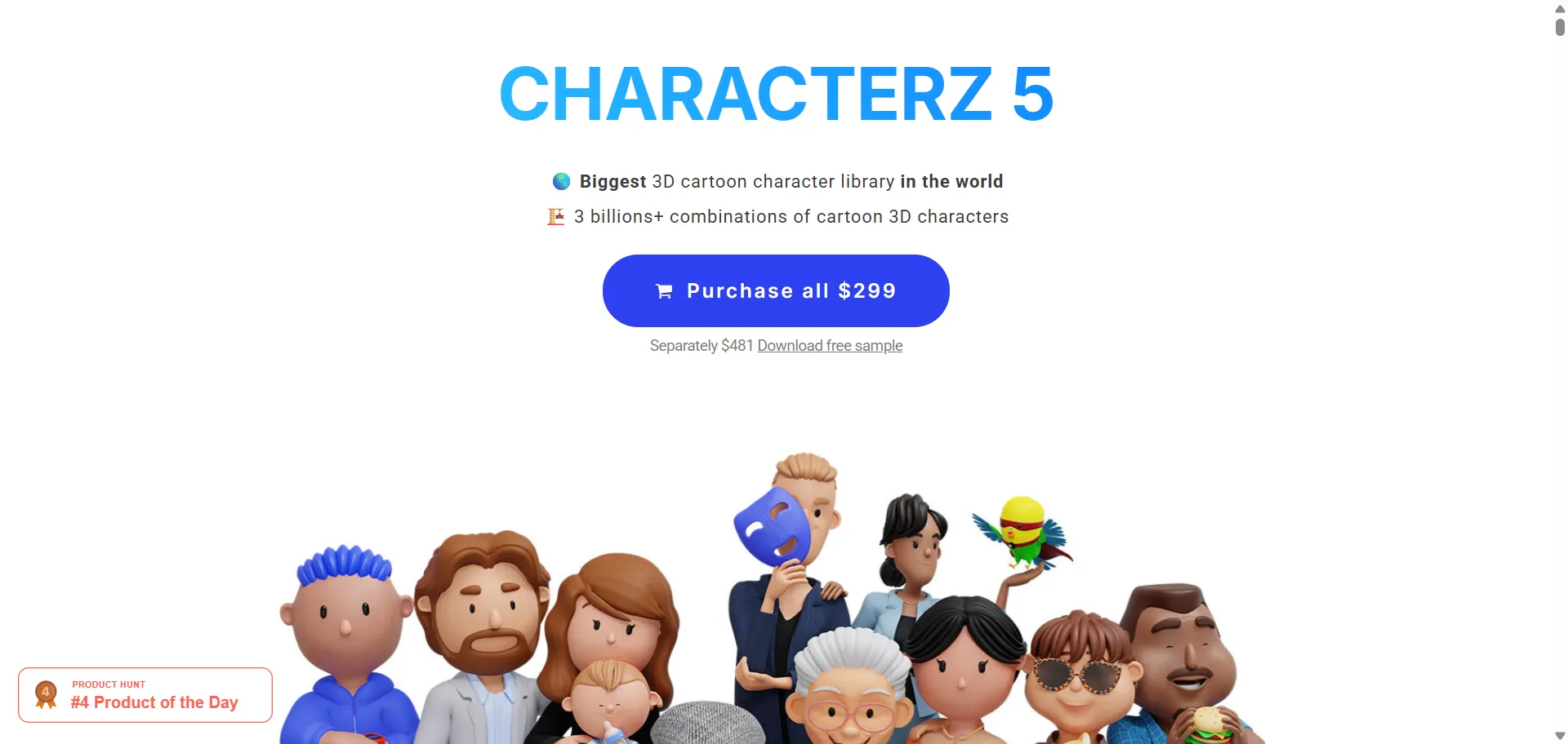 Website for Characterz, a 3D illustration library that offers billions of combinations of 3D characters, pets, outfits, and more. The page showcases the features, benefits, and testimonials of the library, as well as links to other 3D libraries and products by the same creators.