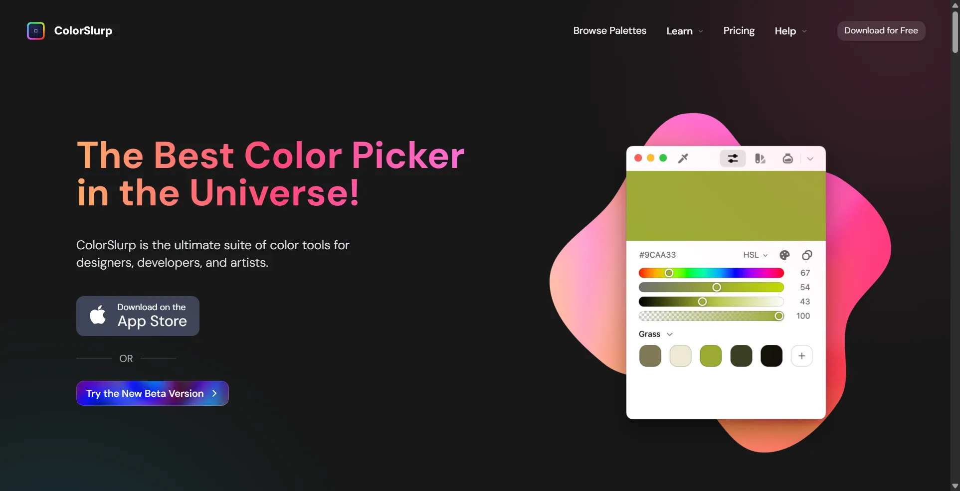 An app that lets you pick, edit, and copy colors from your screen, camera, or photos. It also has features like contrast checker, palette creation, and iCloud sync.