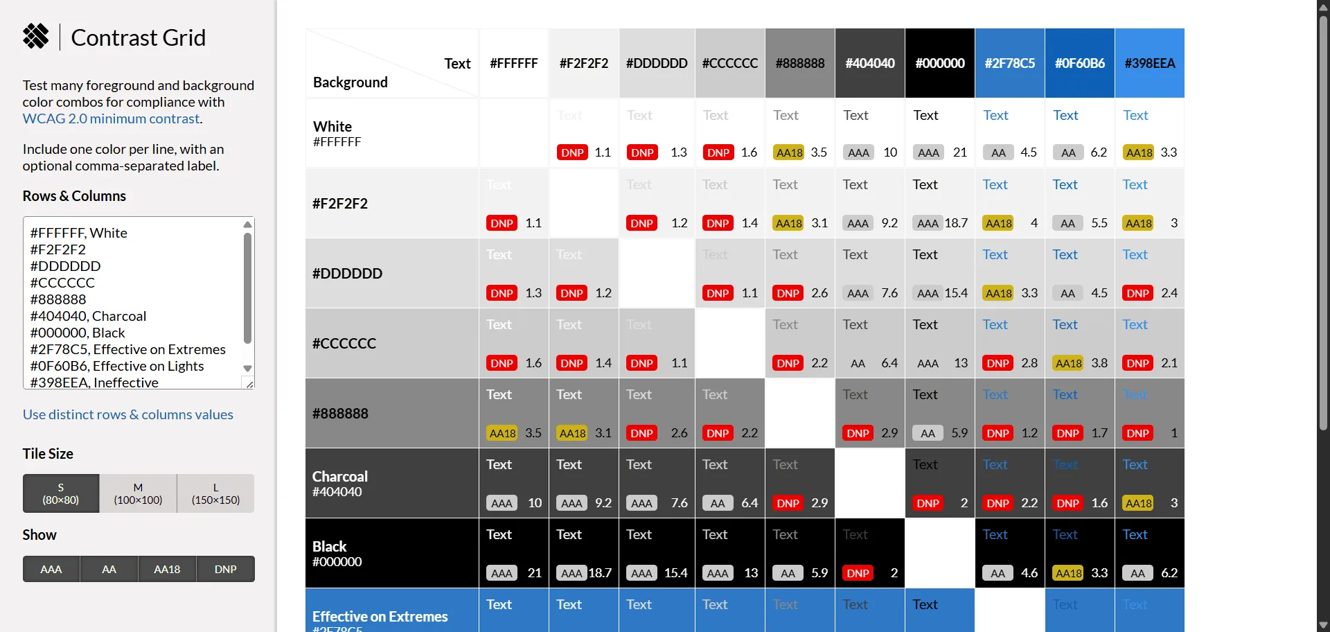 Color contrast checker Contrast Grid. Built for designers and developers, you can check dozens of text and background color combinations against WCAG 2.0 accessibility minimums in seconds—no manual math required. Unlike single-pair checkers, it combines grid-based batch testing with visual pass/fail codes, so you can rapidly spot accessible and non-compliant pairs for digital products, branding, or UI palettes. Instantly view all results on one page, make edits on the fly, and export your grid for documentation or sharing. The straightforward web interface supports hex and named colors, offers sticky headings for large grids, and uses zero tracking for total privacy. Designers at top organizations trust Contrast Grid to ensure every color choice meets legal and usability standards, helping teams move faster with fewer errors and more inclusive results.