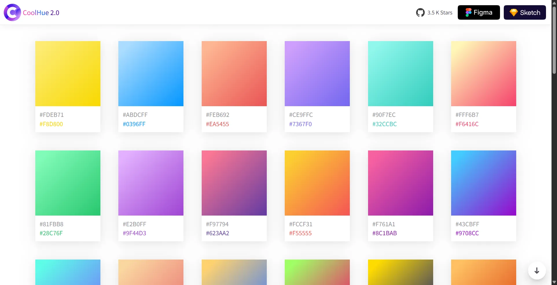 A gradient colors for web design, with options to copy CSS code or download as an image.