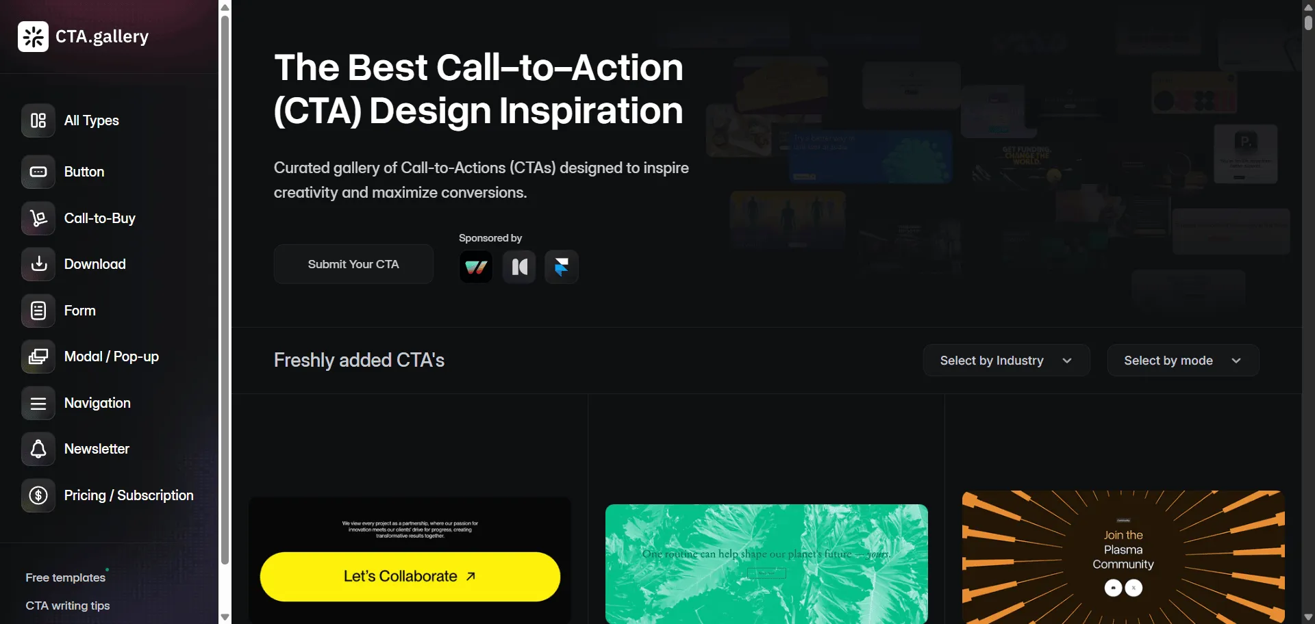 Discover the call-to-action designs that convert browsers into buyers with CTA.gallery call-to-action design inspiration. Built for designers, UI/UX experts, and creatives seeking high-impact conversion strategies, this curated platform showcases handpicked CTA examples from industry leaders like Perplexity, Linear, Framer, and Auth0 alongside emerging brands pushing creative boundaries. Browse organized collections by industry and mode while exploring everything from button designs to forms, pricing sections, and pop-ups that maximize engagement. The platform combines daily content updates with submission capabilities so you can discover breakthrough patterns consistently, while intuitive categorization enables rapid inspiration gathering without design fatigue. Founded in 2025 by Salim Lunat with over 8 years of web design experience, this runs on a platform trusted by design professionals worldwide and featured on Product Hunt, ensuring every project ships faster, looks sharper, and scales effortlessly across modern conversion workflows.