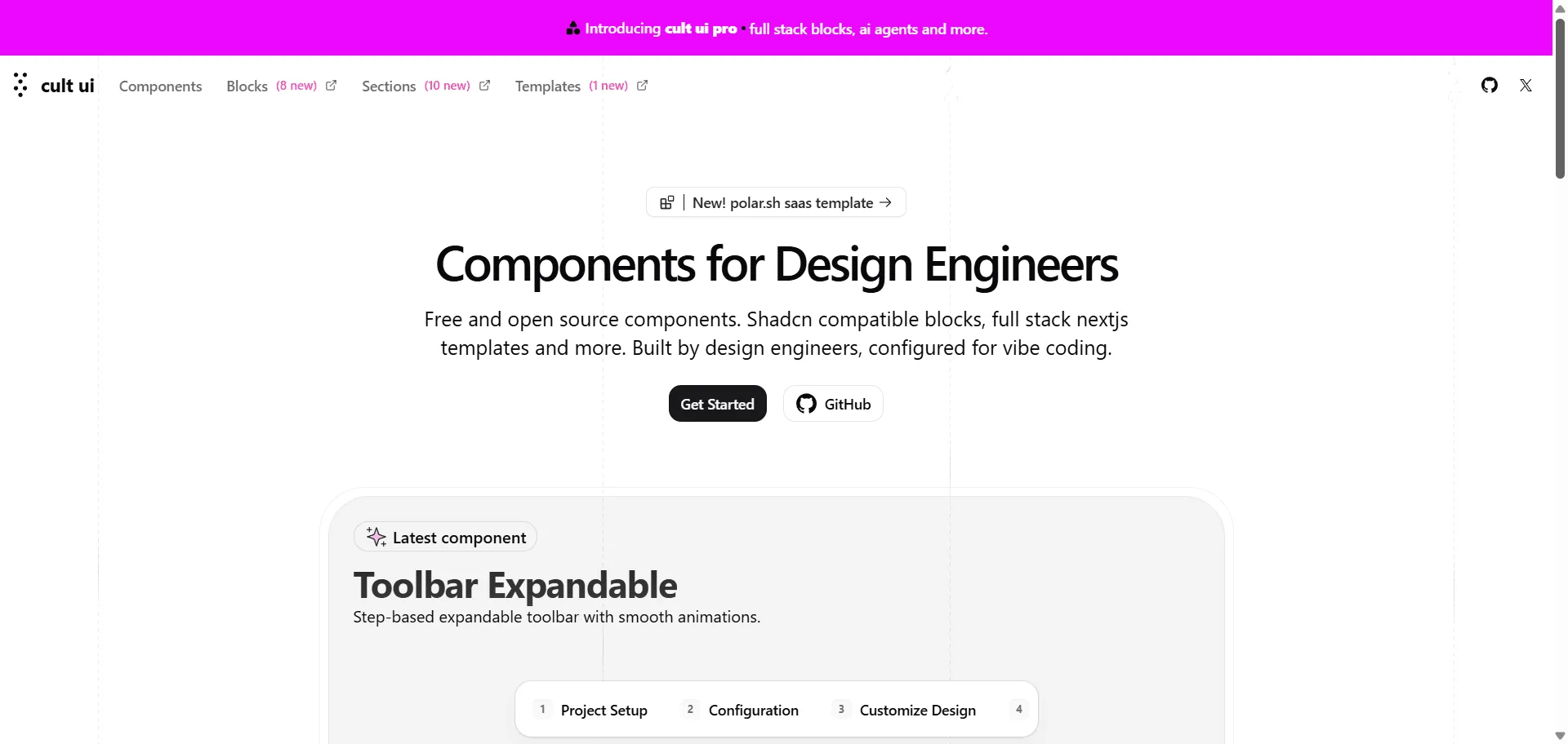 Cult UI is an open-source component library crafted specifically for design engineers, featuring beautifully styled, customizable UI components built with Tailwind CSS and fully compatible with shadcn/ui. Designed for React and Next.js, it offers copy-paste ease, rich animations, and modern patterns to accelerate development of scalable, accessible applications. With 2.6k GitHub stars and MIT licensing, Cult UI enables teams to build stunning interfaces while maintaining flexibility and performance, supported by comprehensive documentation and ongoing updates.