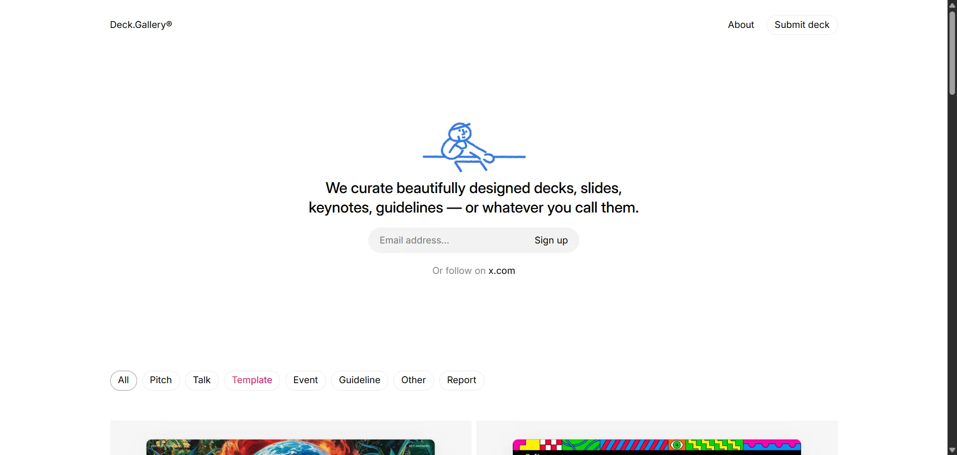 Deck.Gallery is a curated platform showcasing beautifully designed presentation decks, slides, keynotes, and brand guidelines. It features a wide range of high-quality examples from various categories like pitch decks, talks, templates, events, and corporate guidelines. The site serves as inspiration and a resource for designers, marketers, and professionals looking to create visually striking and effective presentations. Users can browse, explore, and sign up for updates on standout deck designs from top companies and creatives