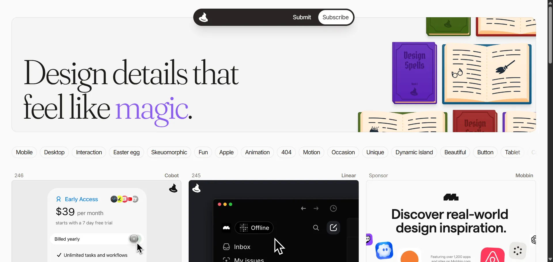 Rediscover the magic in web design with Design Spells. Built for designers and developers who appreciate the details, this curated gallery solves the problem of uninspired UI by showcasing micro-interactions, easter eggs, and other delightful design elements. It’s a home for those extra touches that infuse personality and fun back into the web, moving beyond sterile, cookie-cutter layouts. Instead of endlessly searching for inspiration, you get a focused collection of design details that make products feel truly special. Praised by the Product Hunt community, Design Spells is the perfect resource for anyone looking to add a touch of enchantment and create more engaging, memorable user experiences.