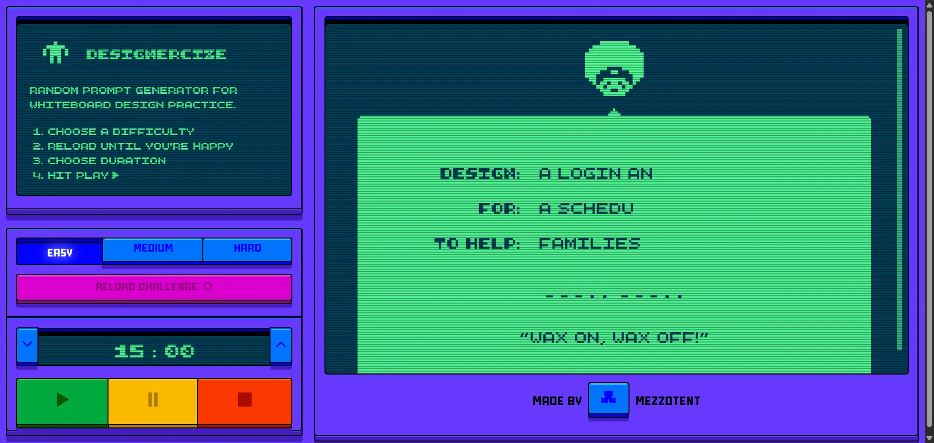 Random design prompt generator for your next mockup project or when you want to just practice your skills on a random topic. Choose a difficulty level, set the times, and get started