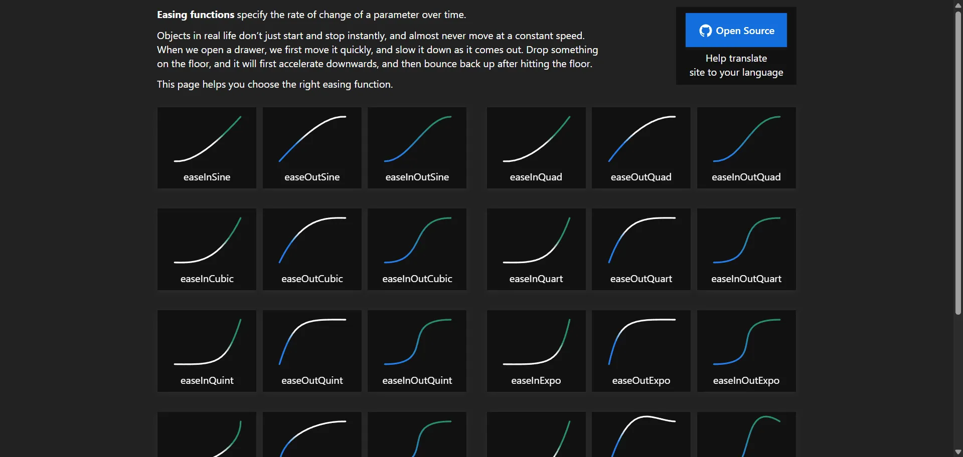 Easings.net provides a comprehensive cheat sheet and interactive visualizations of common CSS easing functions used in web animations. It helps developers and designers understand how different easing formulas affect animation speed and timing, offering a practical way to select the right easing for smooth, natural motion. The site features demos, code snippets, and explanations, supporting better UI animation design by enabling precise control over acceleration and deceleration curves in web projects.