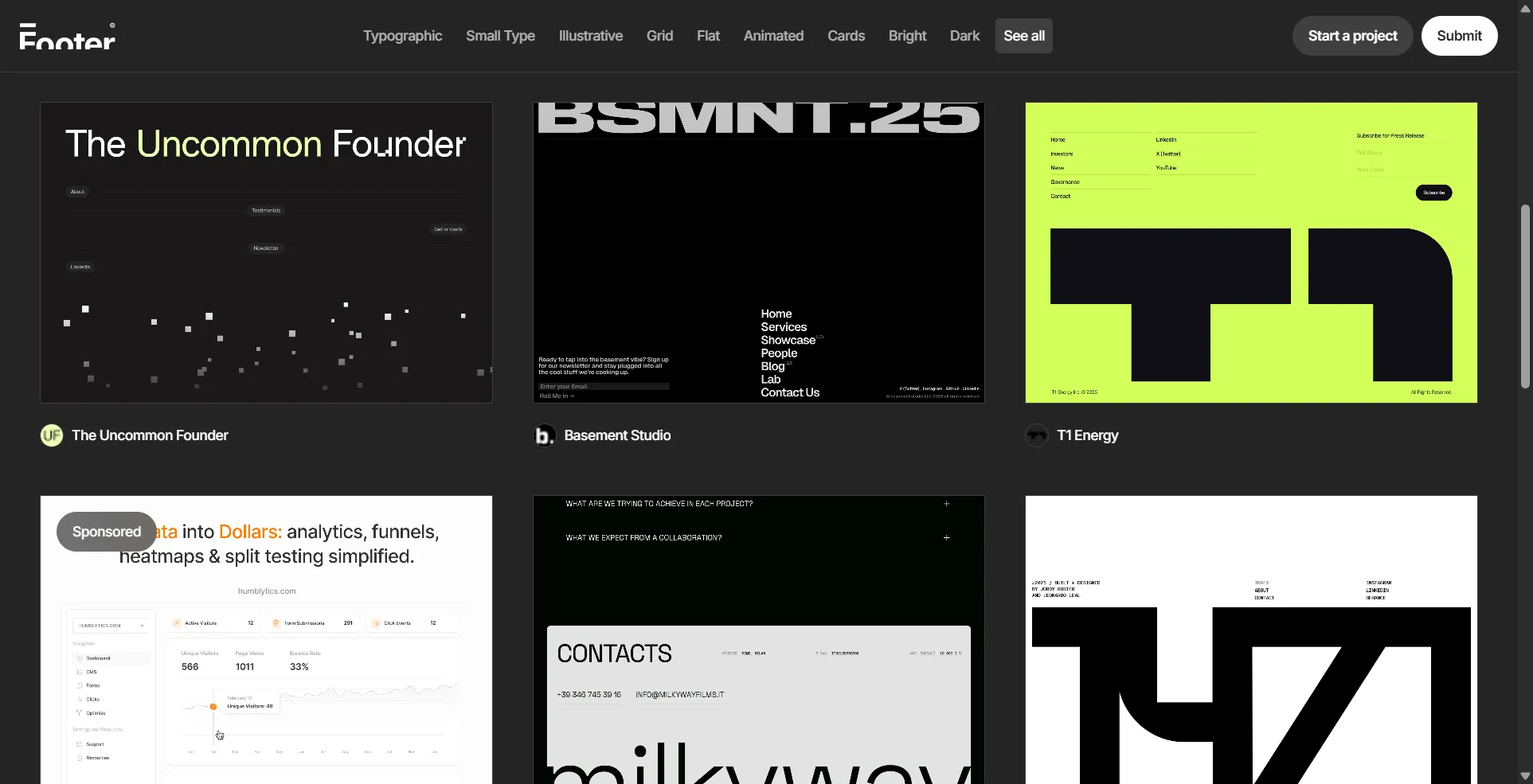 It's a goldmine of striking and functional footer examples, and it's absolutely bursting with fresh inspiration. We're not just talking about one or two types here; we've got everything from Typographic wonders and super Small Type designs to intricate Illustrative, crisp Grid, and wonderfully minimalist Flat footers. And yes, even some captivating Animated ones to really grab attention.