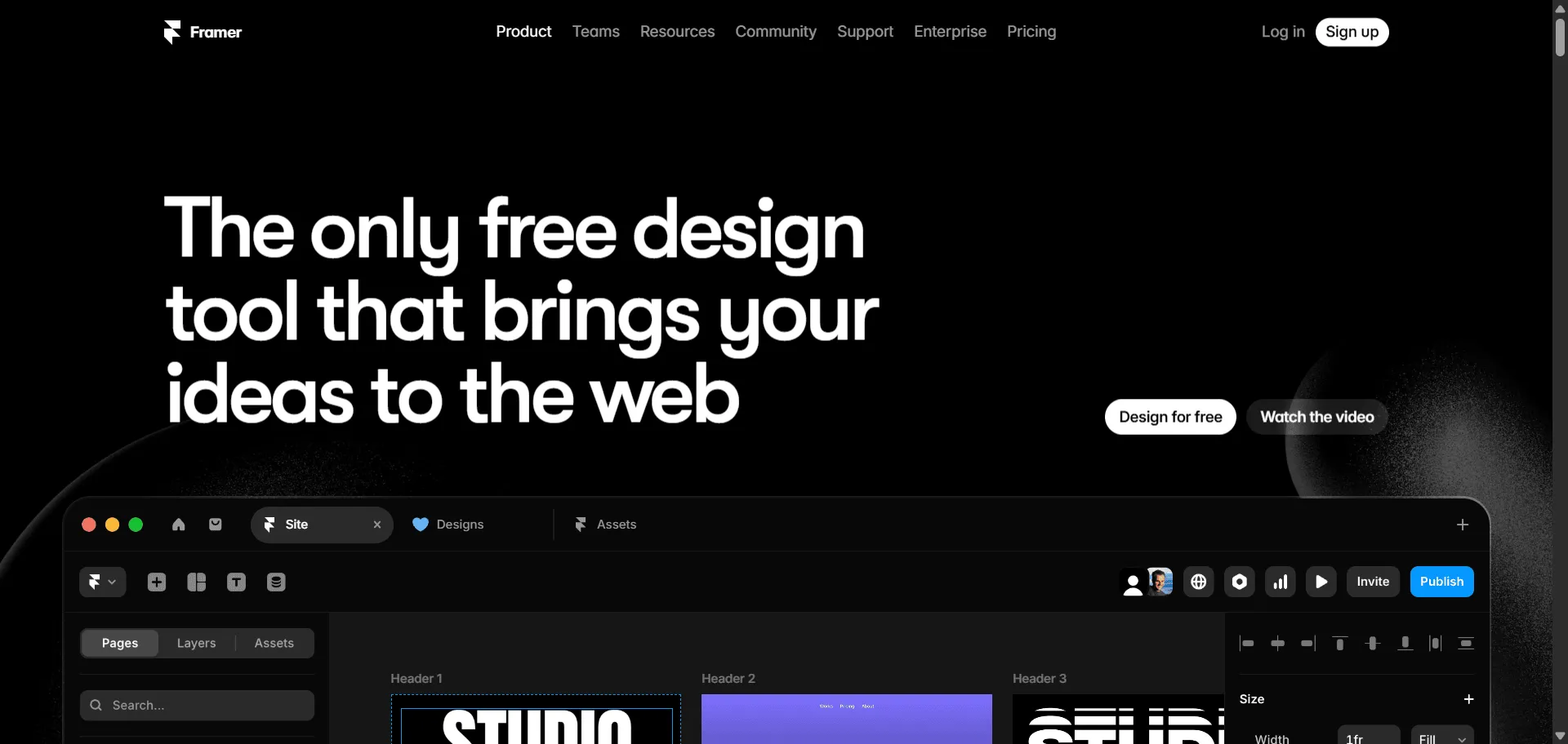 Framer is the website design tool that eliminates the gap between design and development while delivering professional results. Built for designers, startups, and creative teams, it combines a Figma-like design canvas with responsive layouts and built-in animations so you can create pixel-perfect pages and interactive prototypes, while AI-powered code generation and StudioLink workflow enable seamless collaboration and instant publishing without developer handoff. This runs on a platform trusted by over 500,000 monthly active users and chosen by 40% of Y Combinator's 2024 batch, ensuring every project ships faster, looks sharper, and scales effortlessly with unlimited projects, pages, and editors on the free plan.