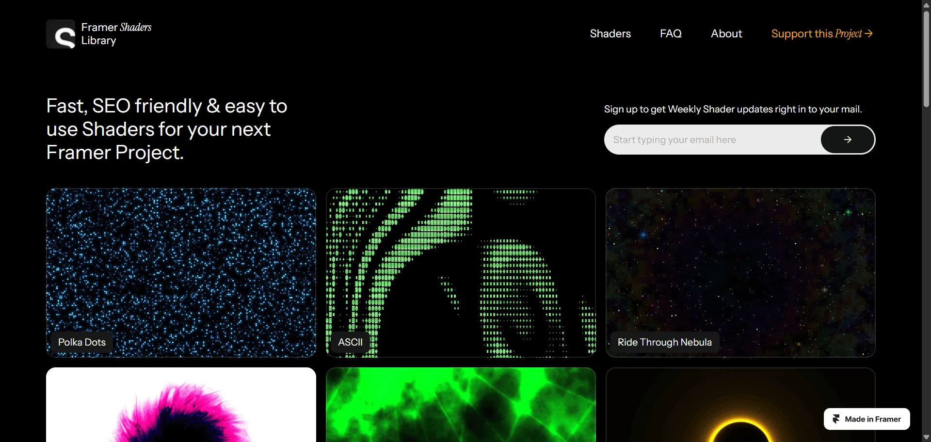 Transform complex visual effects into simple copy-paste solutions with Framer Shaders Library. Built for designers and developers who need professional-grade shader effects without the technical complexity, this curated collection features GPU-optimized GLSL shaders that combine stunning visual appeal with seamless Framer integration so you can create polka dots, ASCII art, nebula rides, and plasma effects instantly, while weekly updates and performance optimization ensure your projects load fast and rank higher without sacrificing visual quality. This runs on a platform created by Maharram Hasanli as a passion project, ensuring every shader ships with source attribution, works across personal and client projects, and scales effortlessly. From liquid rainbows to void holes, each effect transforms ordinary websites into immersive experiences that captivate users while maintaining optimal performance and SEO compatibility for modern web standards.