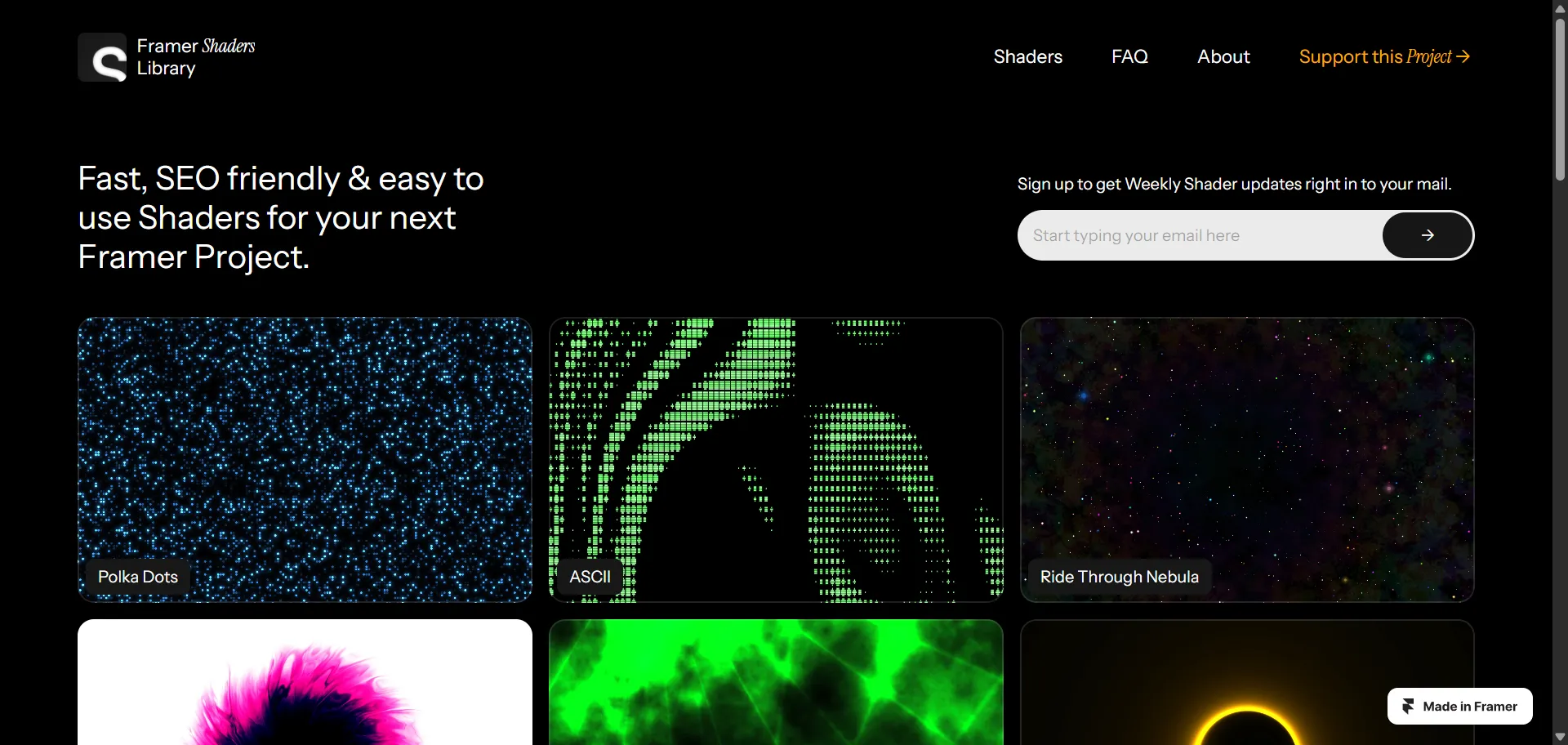 Access fast, easy-to-use shaders with customizable backgrounds for Framer projects. Enhance visual appeal while maintaining smooth performance.