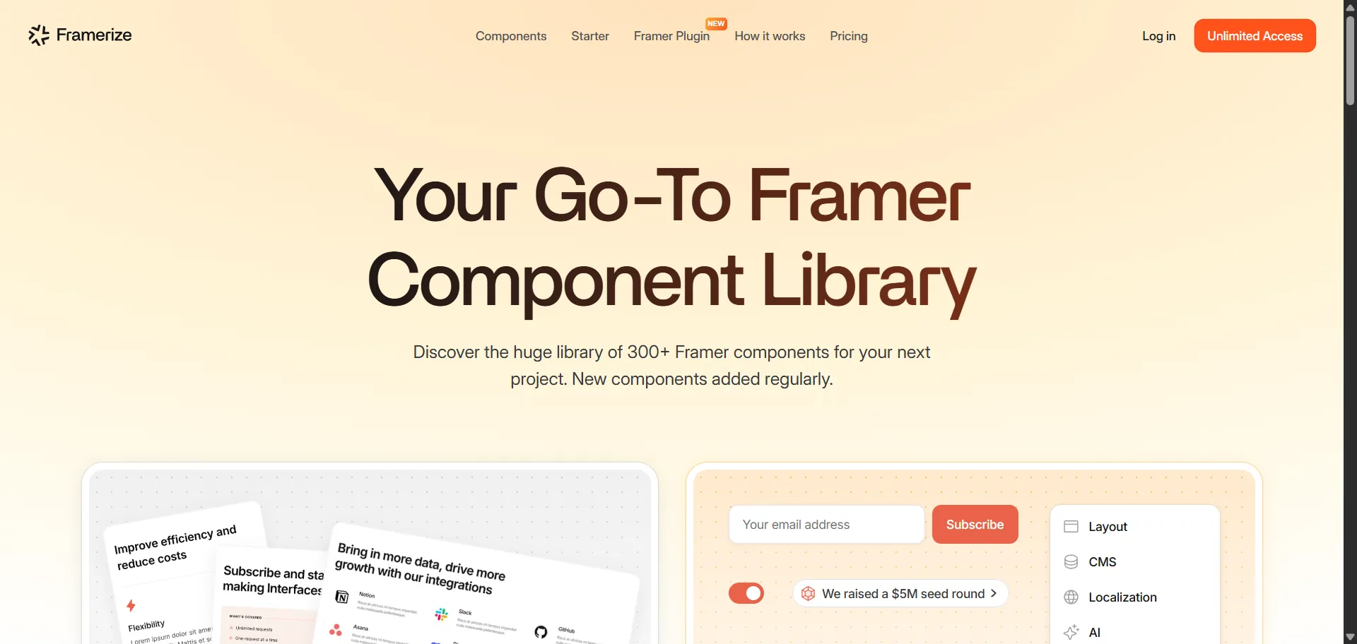 Provides a component library for Framer with over 300 components. Enables users to easily copy and paste responsive components into Framer projects.