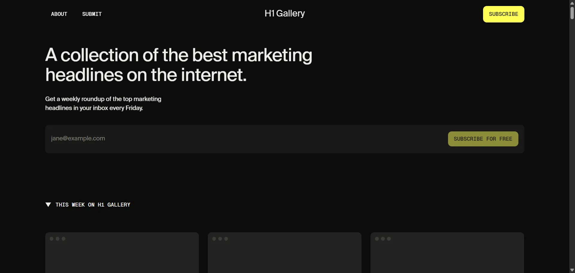 Struggling to write compelling marketing headlines? H1 Gallery provides a curated collection of the best examples on the internet to spark your creativity. Built for marketers and copywriters, this resource helps you move beyond generic advice by showcasing real-world headlines that grab attention and drive action. Each week, you'll discover new, effective H1s to inspire your own work, saving you time and improving your results. This focused approach provides a constant stream of fresh ideas, ensuring your copy stays sharp and engaging.