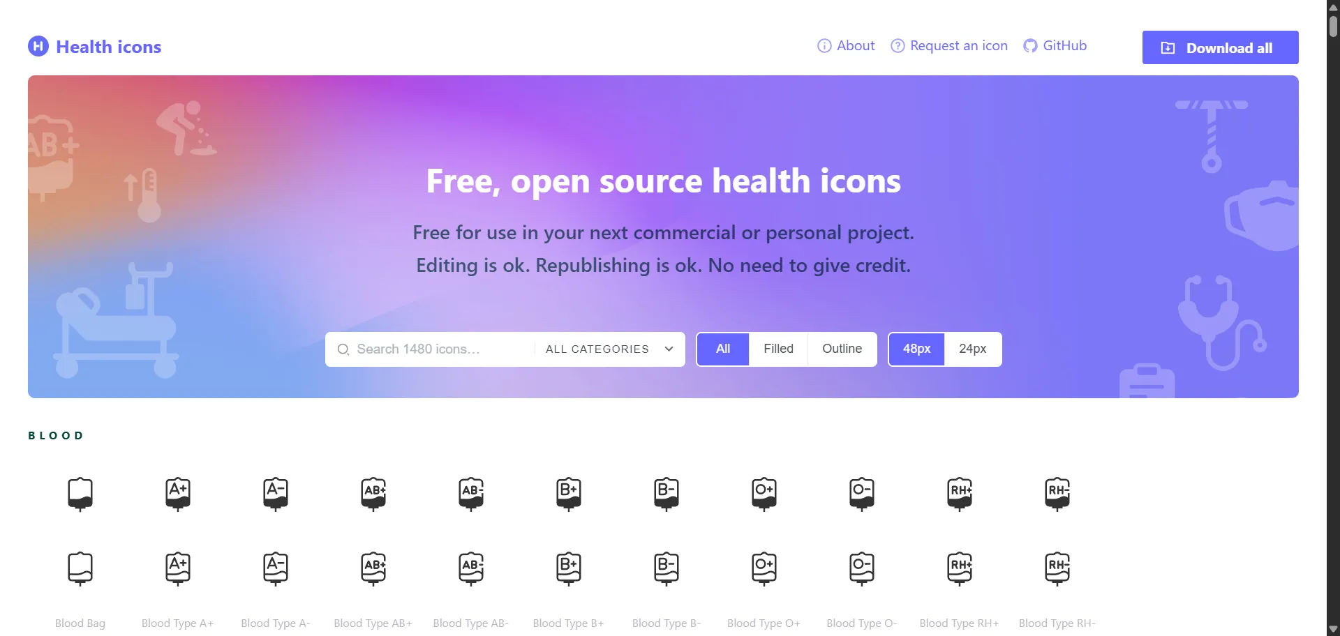 Provides a free and open-source icon library specifically for health-related applications. Features extensive categories for personal and commercial use.