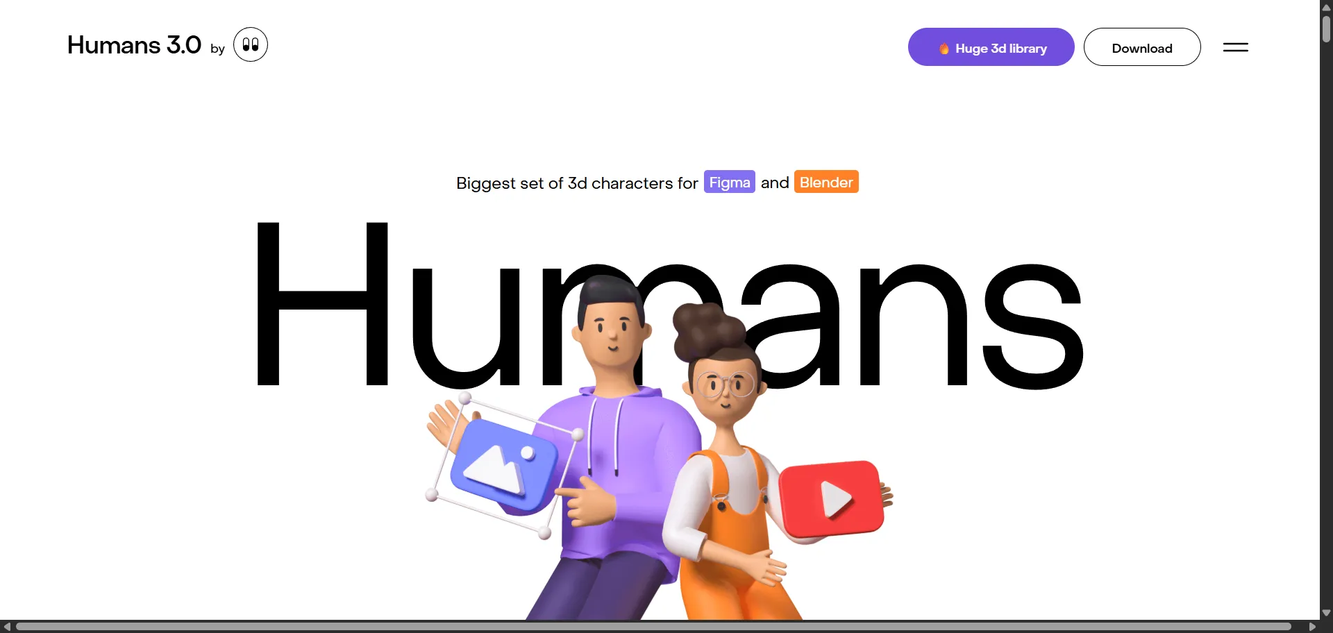 Humans 3D, a set of 3D characters for Figma and Blender. It features 12 animated illustrations, 4 different outfits, and changeable colors. It is suitable for UI projects and offers a free trial.