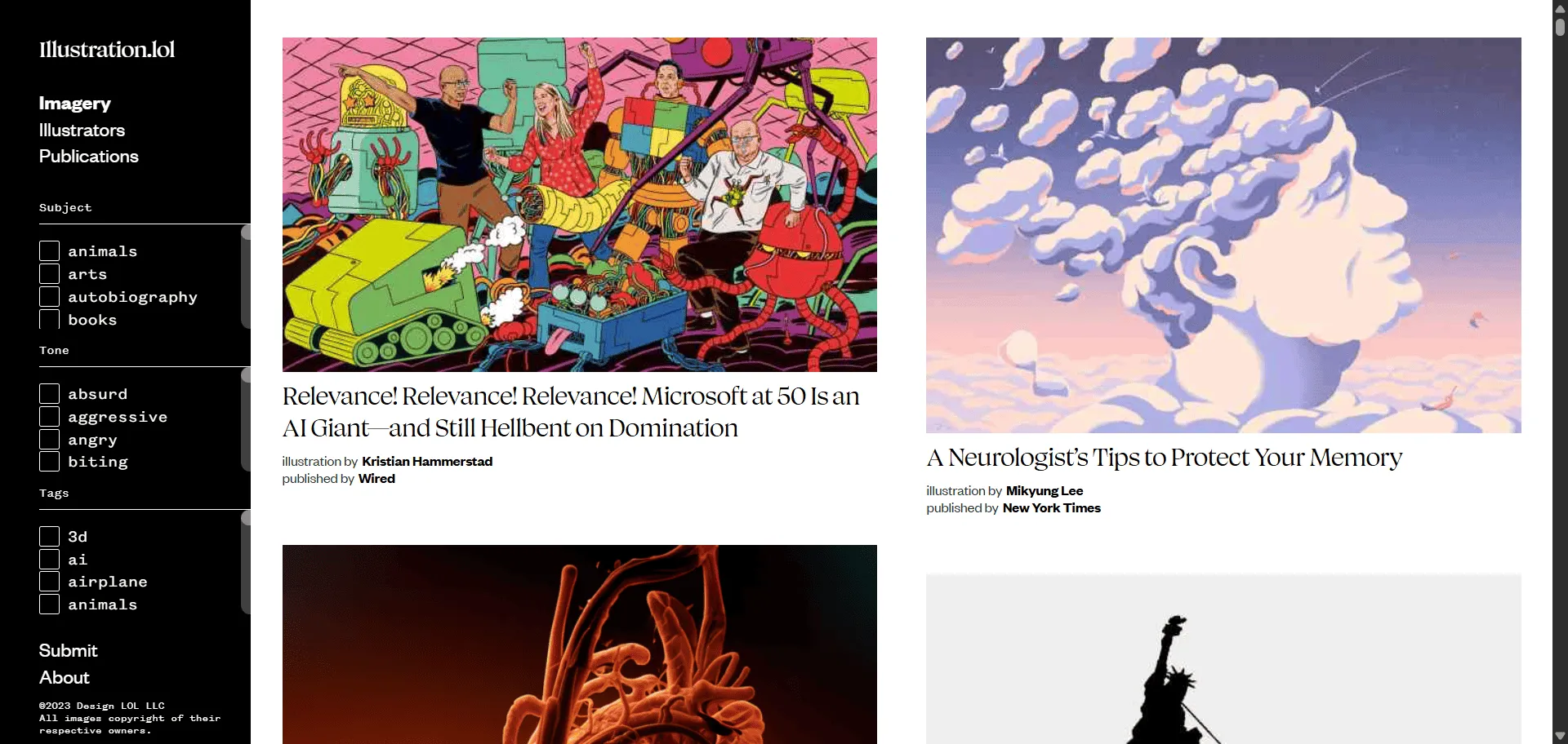 Editorial illustration gallery transforms your creative research into curated inspiration with work from top illustrators worldwide. Illustration.lol by Design LOL serves art directors, illustrators, and creative professionals who need high-quality editorial references versus scrolling through generic stock sites. It combines searchable filters by tone, subject, and style with detailed publication credits so you can discover fresh talent and trending approaches, while illustrator profiles and art director information enable direct networking without cold outreach complications. Browse work from The New Yorker, Bloomberg Businessweek, New York Times, The Atlantic, and Wired across politics, technology, culture, and business topics. This runs on a platform trusted by creative professionals seeking authentic editorial work, ensuring every piece reflects publication standards, inspires new directions, and scales your creative research effortlessly. Whether you need style inspiration, talent discovery, or trend analysis, discover where editorial illustration excellence lives.