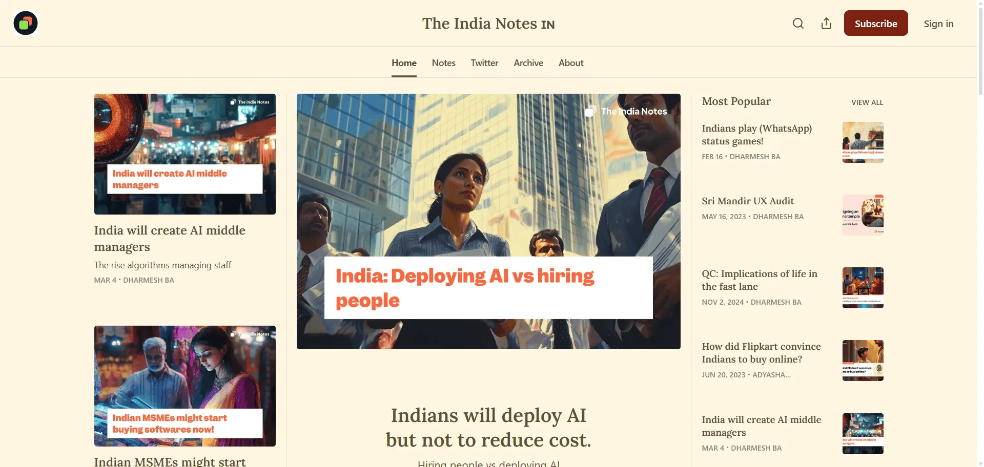 Understanding Indian consumer psychology remains a mystery for most digital product builders targeting the world's largest market. Indian consumer psychology newsletter transforms this challenge into actionable insights through rigorous behavioral research. Built for founders, VCs, and product managers entering India, The India Notes delivers anthropological analysis of rural user behavior and cultural nuances so you can build products that resonate with authentic Indian needs, while weekly research reveals purchasing patterns and aspirations that drive decision-making without Western assumptions clouding judgment. This publication has earned praise from industry leaders and attracted over 15,000 subscribers who rely on Dharmesh Ba's expertise to navigate India's complex consumer landscape. Published every Tuesday and trusted by startup operators across sectors, The India Notes bridges the gap between global ambitions and local realities, ensuring every product decision reflects genuine cultural understanding rather than surface-level market research.