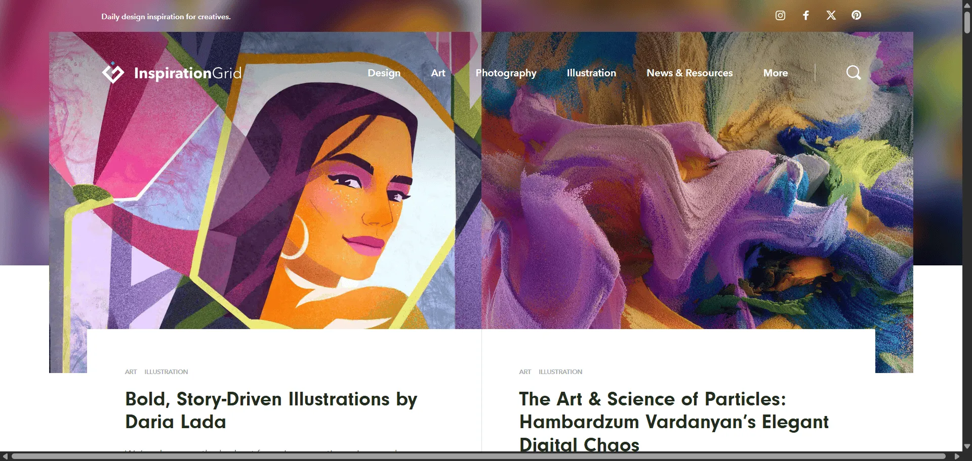 Design inspiration transforms creative blocks into visual breakthroughs through curated content that sparks your next project. The Inspiration Grid celebrates creative talent from around the world with daily doses of design, art, illustration, typography, photography, architecture, and fashion. Built for creatives seeking fresh perspectives, it combines curated showcases with organized categories so you can discover trending work across 20+ disciplines, while featured artist spotlights and expert-selected pieces enable deeper creative exploration without endless scrolling through mediocre content. This runs on a platform trusted by 41K+ Instagram followers and thousands of daily visitors, ensuring every creative session delivers quality inspiration, sparks innovative thinking, and fuels your artistic growth effortlessly.