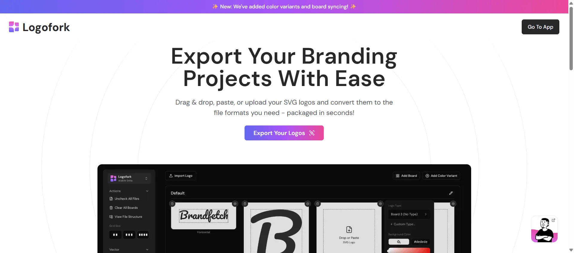Logo export tool Logofork lets you save hours packaging SVG logos for clients or projects—simply upload, drag and drop from desktop or design apps, and export to multiple file types with precision controls over background color, padding, and color variants. Designed for professional designers, it combines board syncing and ultra-fast conversion so you can deliver crisp, customized logo sets instantly, while its effortless sharing and packaging features mean client-ready results without tedious manual exporting. Logofork’s platform is trusted by designers for speed and reliability, helping every branding project ship faster and look polished every time.