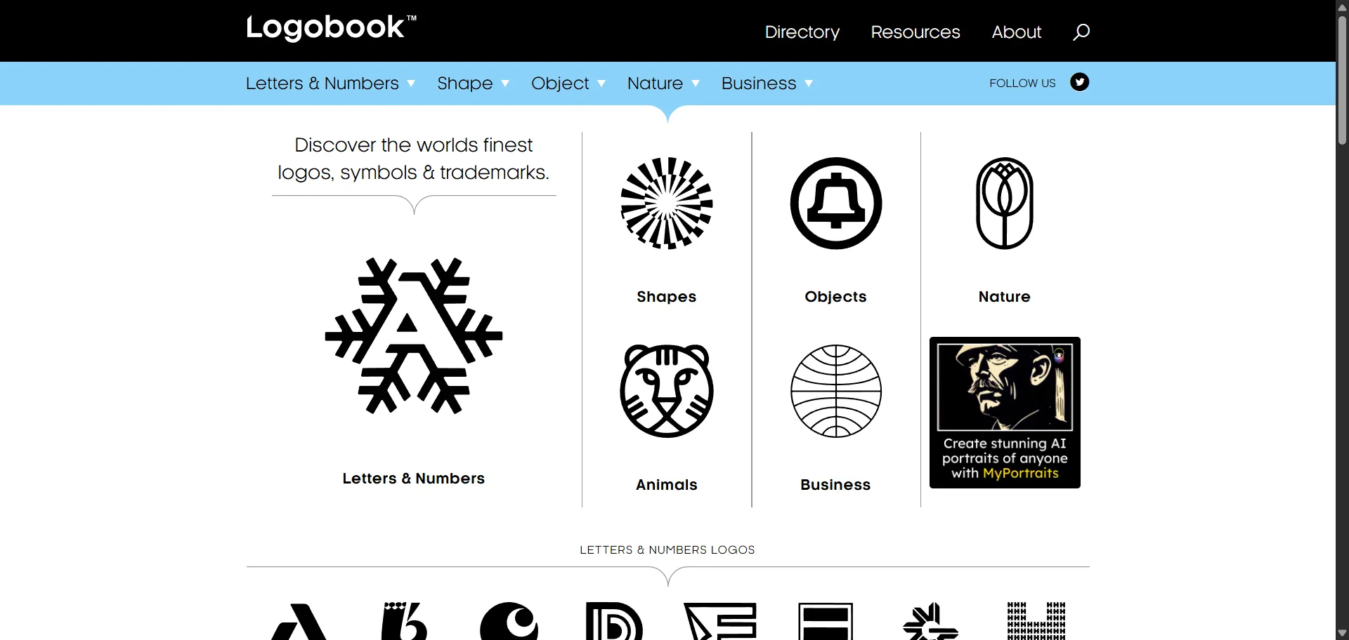 Directory of logos, symbols, and trademarks from various categories. It allows users to search for any kind of logo by letters, numbers, shapes, objects, nature, or business. 