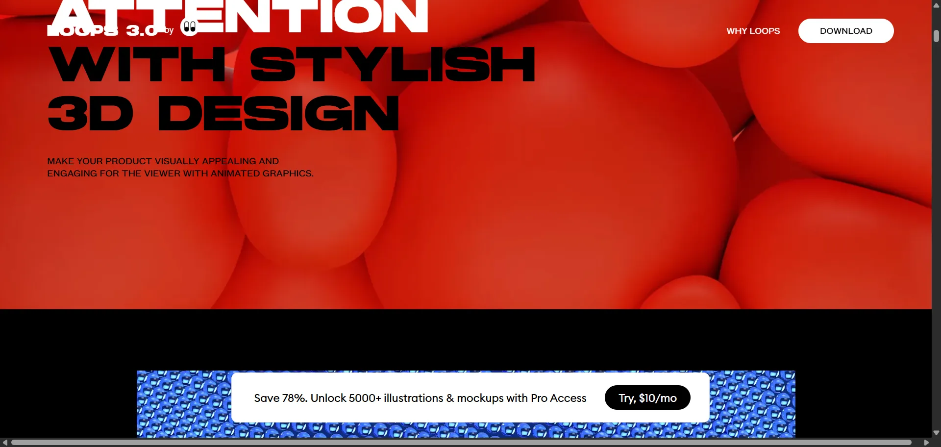 Pack of fluid abstract animated backgrounds. It showcases the features and benefits of the product, such as looped videos, glass material, customizable colors, and Blender files included.