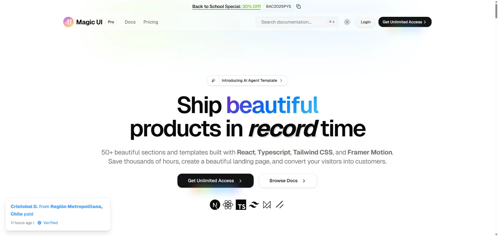 Transform how you launch with Magic UI Pro landing page components. Built for product teams, indie hackers, and SaaS founders, it combines 50+ polished React sections, responsive Next.js templates, and Framer Motion animations so you can craft visually stunning, high-converting sites in days, while Typescript code and Tailwind CSS enable rapid iterations without messy handoffs or manual tweaks. Magic UI Pro includes professional templates for AI agents, dev tools, mobile apps, and SaaS—all fully customizable for unique branding and easy scaling. Enjoy unlimited lifetime access with future updates as your stack evolves, on a platform praised by makers for its elegant design and real-world speed gains. With Magic UI Pro, every launch stays ahead of trends, ensuring your web presence is standout, fast, and scalable—no design bottlenecks or complex setup required.