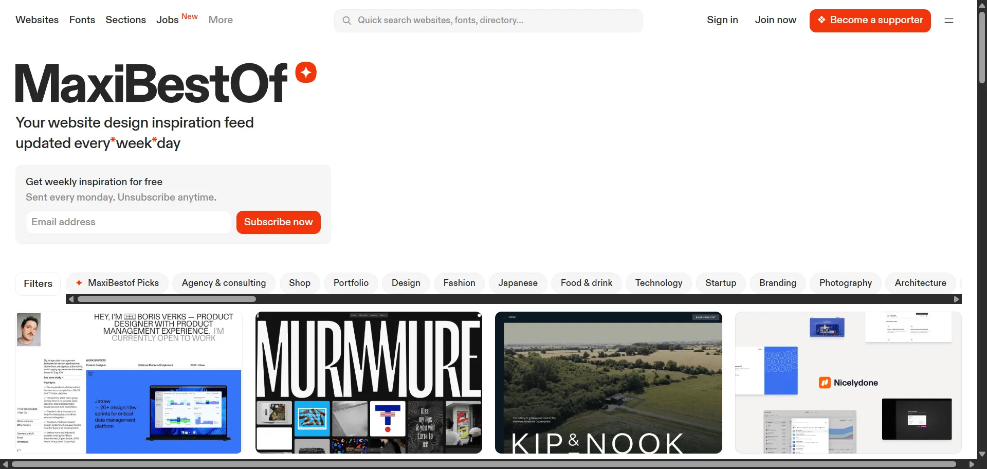 End your endless search for creative inspiration with MaxiBestOf. Built for web designers and typographers, this resource solves the problem of creative stagnation by providing a daily-curated feed of the best websites and typefaces. Instead of sifting through mediocre content, you get a fresh, hand-picked stream of high-quality examples delivered every weekday. This simple, dual-focus approach ensures you stay on top of the latest web and typography trends, sparking new ideas without the effort. It's the essential daily driver for any creative needing a reliable source of high-quality design inspiration.
