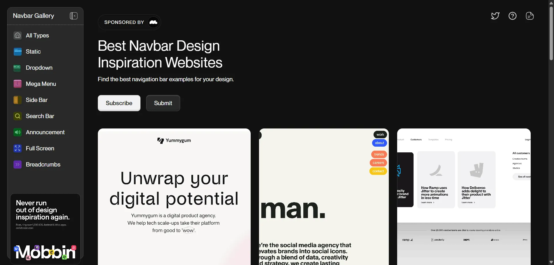 Navigation design inspiration becomes instantly accessible with Navbar Gallery's curated collection of the best website navbar examples from real-world applications. Built for designers who want proven navigation patterns without endless research, this comprehensive platform combines mobile-responsive examples with desktop variations so you can discover ideal navigation solutions from brands like Framer, Jitter, and Sanity instantly, while sortable styles and categorized layouts enable seamless browsing across any design requirement without creative limitations. This resource empowers creative professionals with hand-picked navigation examples that actually work, ensuring every website project ships faster, converts better, and scales effortlessly across your entire design workflow with direct access to proven navigation patterns that enhance user experience and drive engagement through thoughtful design choices.