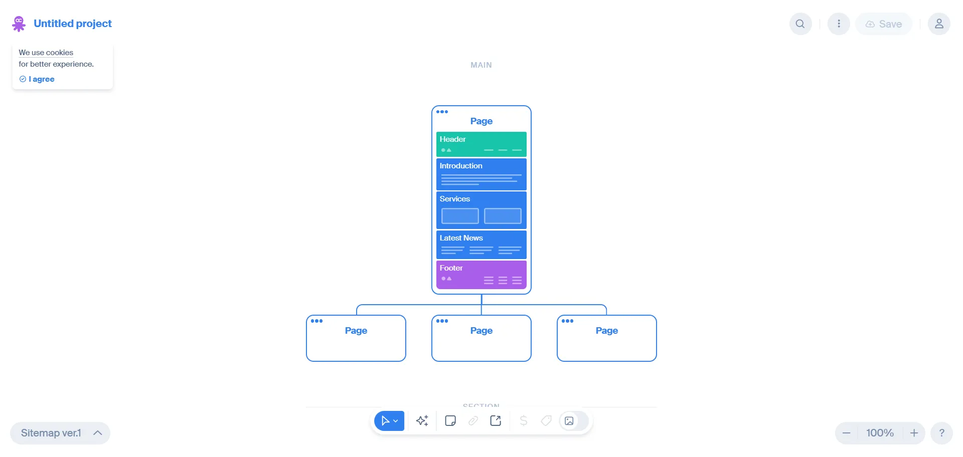 A free tool for creating visual sitemaps and low-fidelity wireframes for website planning and prototyping.