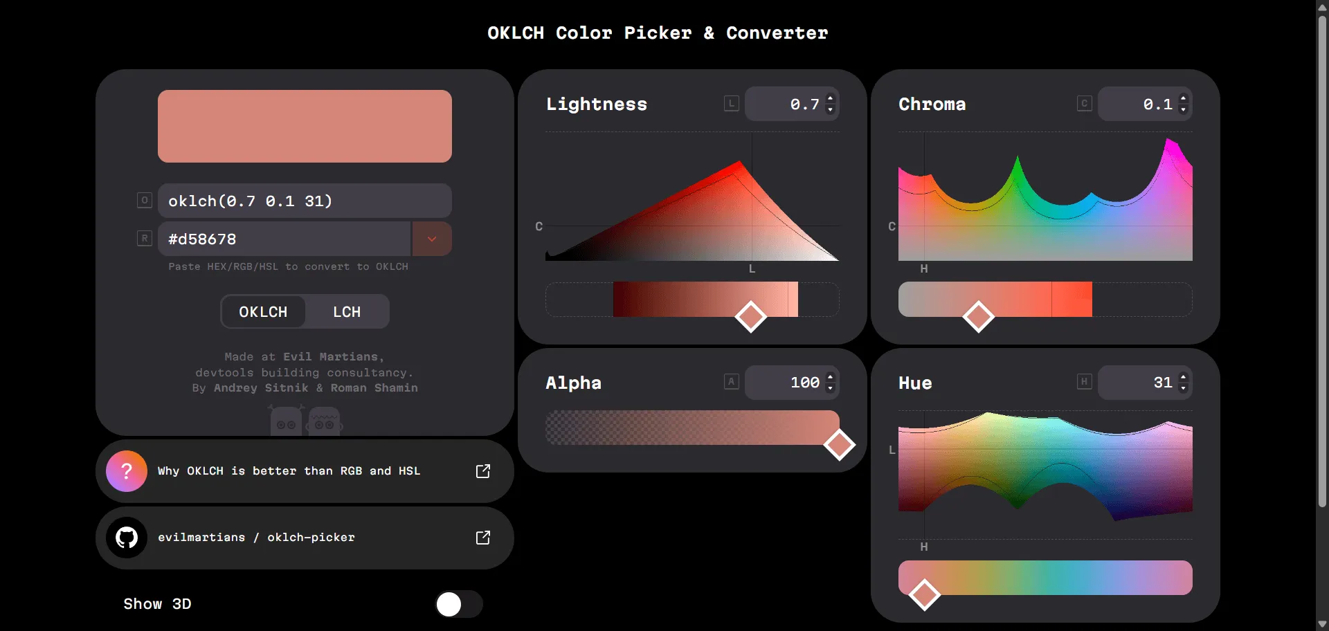 OKLCH Color Picker modernizes how you create palettes with perceptually uniform color management from the very first click. The primary keyword—OKLCH Color Picker—appears up front for optimized visibility. Crafted for web and interface designers, it combines intuitive control over lightness, chroma, and hue with conversion between OKLCH, HEX, RGB, and HSL formats, letting you generate wide-gamut and accessible color schemes in seconds, not hours. Features like real-time visual preview, 3D color space models, and P3/sRGB compatibility mean you see exactly what’s possible across devices—while automated fallbacks and browser-native CSS output eliminate guesswork and manual adjustment. Built and refined by Evil Martians and lauded by a supportive community, including a 5.0/12-review Product Hunt rating and 438 followers, it ensures every design is visually consistent, forward-compatible, and fully accessible for all users.