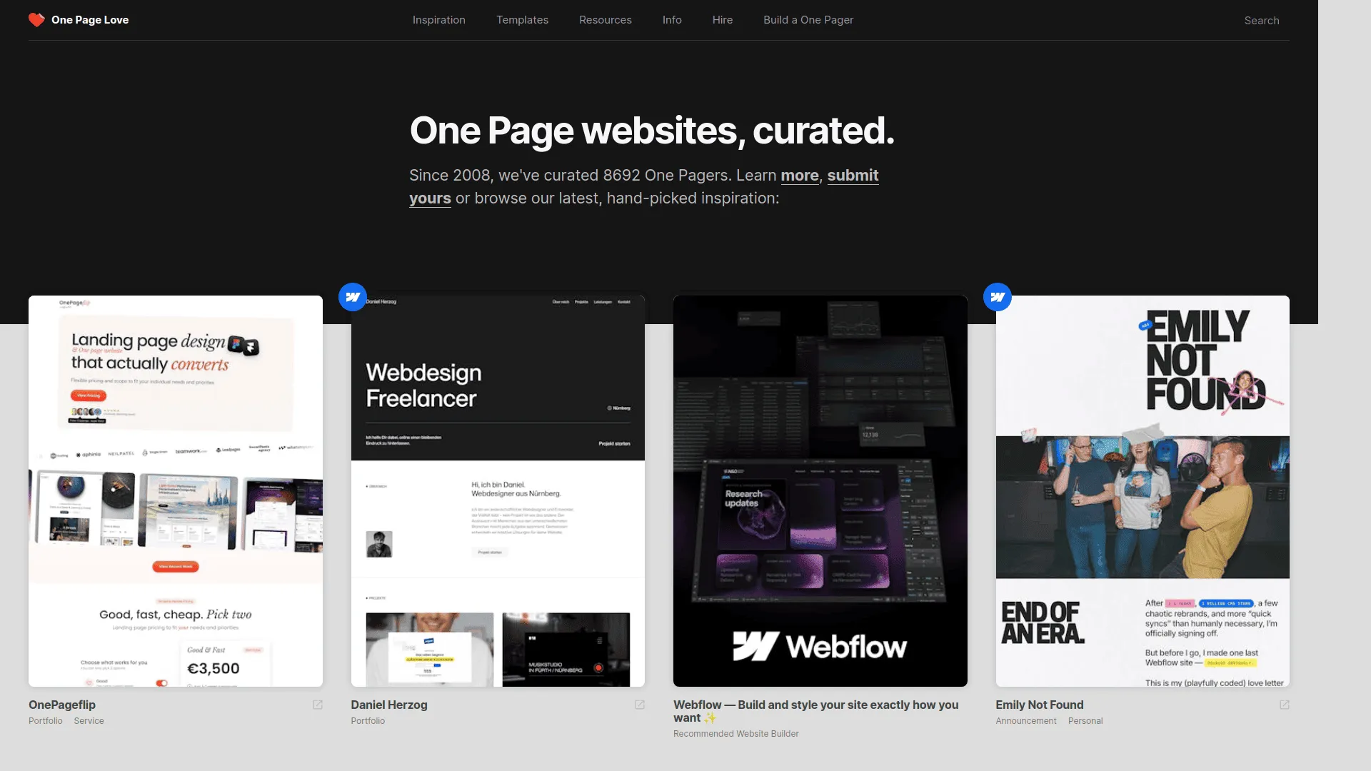 Master the art of single-page design with one page website inspiration from One Page Love. Built for designers, developers, and agencies seeking streamlined web solutions, this established platform showcases 8,714 handpicked one-page websites across categories including portfolios, landing pages, and digital products. Browse curated collections organized by industry and style while accessing full-length screenshots that reveal complete design structures and user flows. The platform combines daily content updates with detailed reviews featuring noteworthy design elements so you can discover breakthrough layouts consistently, while organized filtering and infinite scroll enable rapid inspiration gathering without design fatigue. Founded in 2008 by Rob Hope in Cape Town, this runs on a platform receiving 307.6K monthly visits with 5.19 pages per session and trusted by design professionals worldwide, ensuring every project ships faster, looks sharper, and scales effortlessly across modern web development workflows.