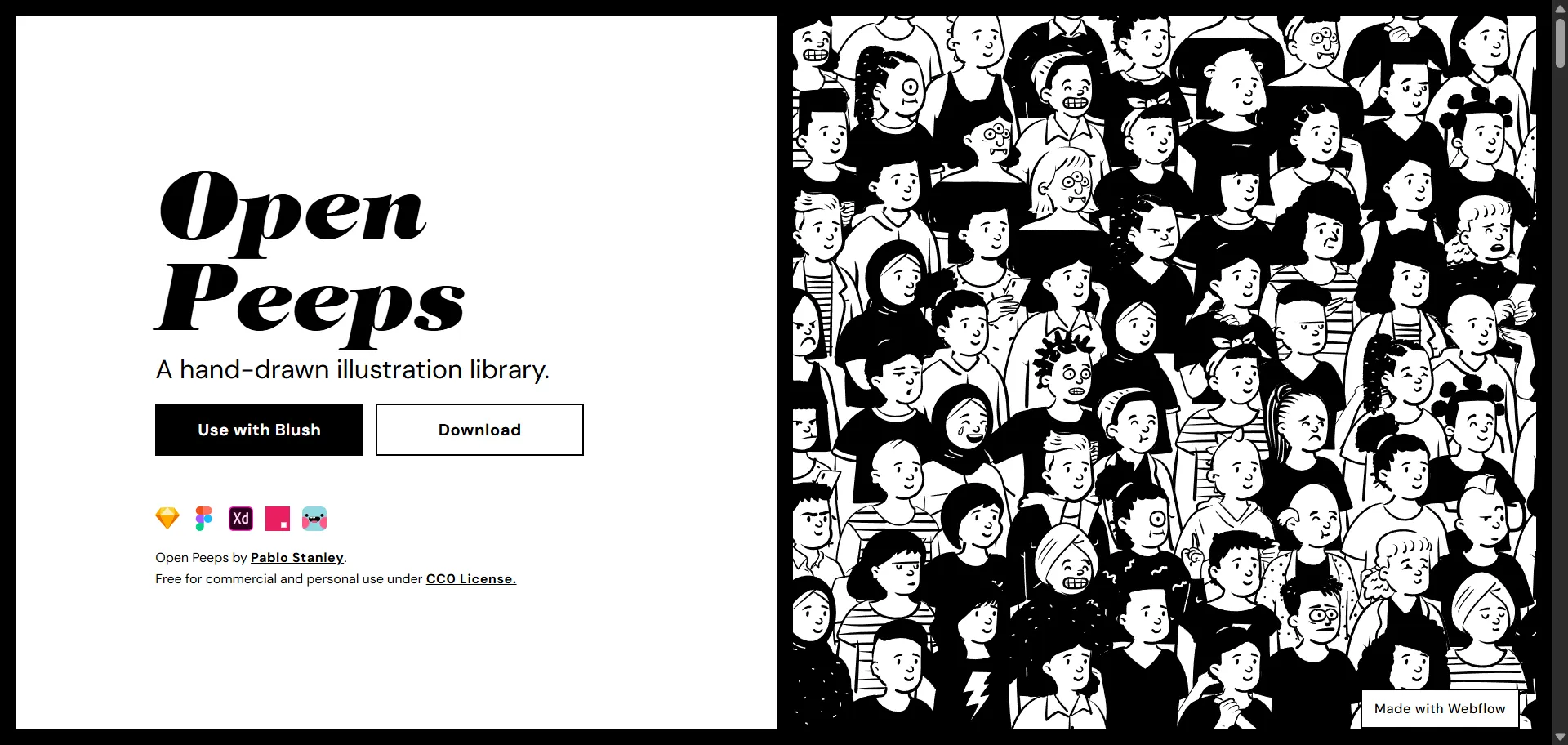 Hand-drawn illustration library for commercial and personal use. You can create scenes of people using vector components and see some examples of how others have used Open Peeps for various purposes.