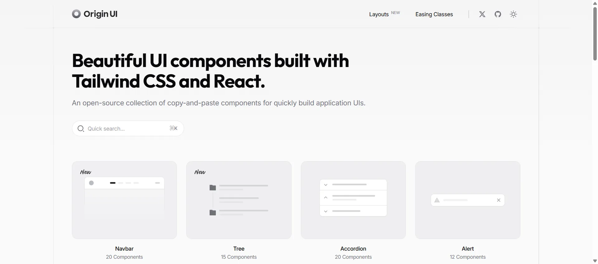 Origin UI, React Tailwind components library, eliminates tedious UI coding hassle—access 500+ fully-styled application blocks instantly. Built for React developers, it combines beautiful open-source design with granular customizability so you can prototype in minutes, while consistent updates and broad component coverage streamline even complex UIs without reinventing the wheel. This platform, trusted by 5,000+ GitHub stargazers, ships components that keep your projects fast, accessible, and scalable while saving on development cycles. All the essentials you want—always ready to use and easy to integrate.