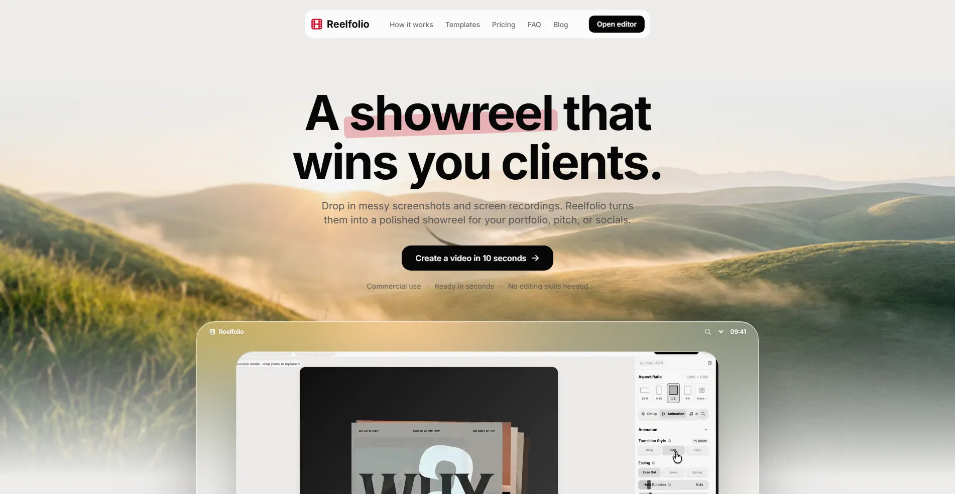 Reelfolio is a browser-based showreel generator built for designers, founders, and agencies who need to turn raw screenshots and screen recordings into cinematic portfolio videos without touching a timeline editor. You upload up to 50 files in JPG, PNG, WEBP, AVIF, MP4, WEBM, or MOV, pick from templates like Comet, Rig, Viscose, and Rolodex, then adjust border radius, motion duration, and background blur before rendering in under a minute. You export finished clips in 1080p or 4K across 16:9, 9:16, 1:1, and 4:5 ratios, ready for a personal site, a pitch deck, or a social feed, with no watermark and full commercial usage rights so the video goes straight into client work. If you have stacks of unedited screen captures and no time to learn motion design software, this misc-category tool turns them into a shareable reel in minutes.