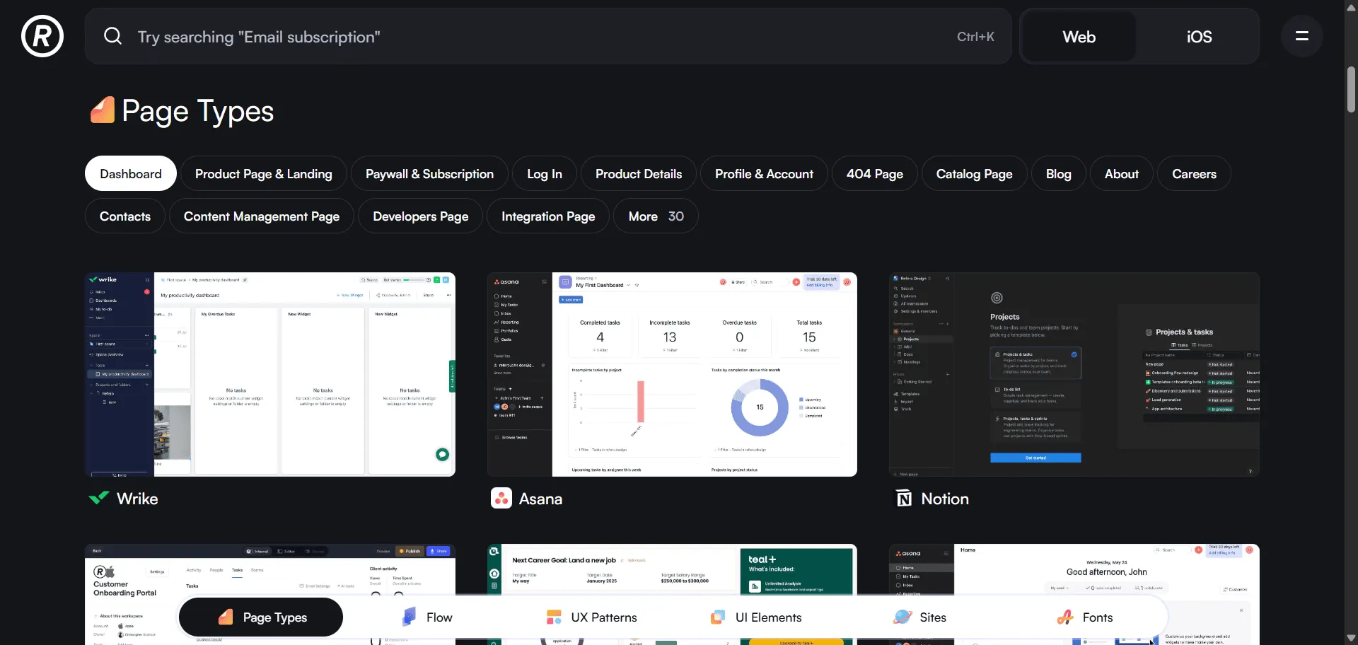 Stop wasting hours searching scattered sites when curated collections deliver targeted design inspiration with design inspiration from Refero. Built for UI/UX designers, product managers, and developers, it combines over 75,000 web and iOS screens with advanced search functionality so you can find specific UI patterns and page types instantly, while categorized collections and bookmarking features enable efficient design research without endless browsing. This runs on a platform offering high-resolution screenshots with @2x quality and AI-powered organization, ensuring every project ships faster, looks sharper, and scales effortlessly. The comprehensive library spans everything from dashboards and onboarding flows to e-commerce pages and marketing sections, giving you access to real-world design patterns from proven products that solve actual user problems across web applications and mobile interfaces.