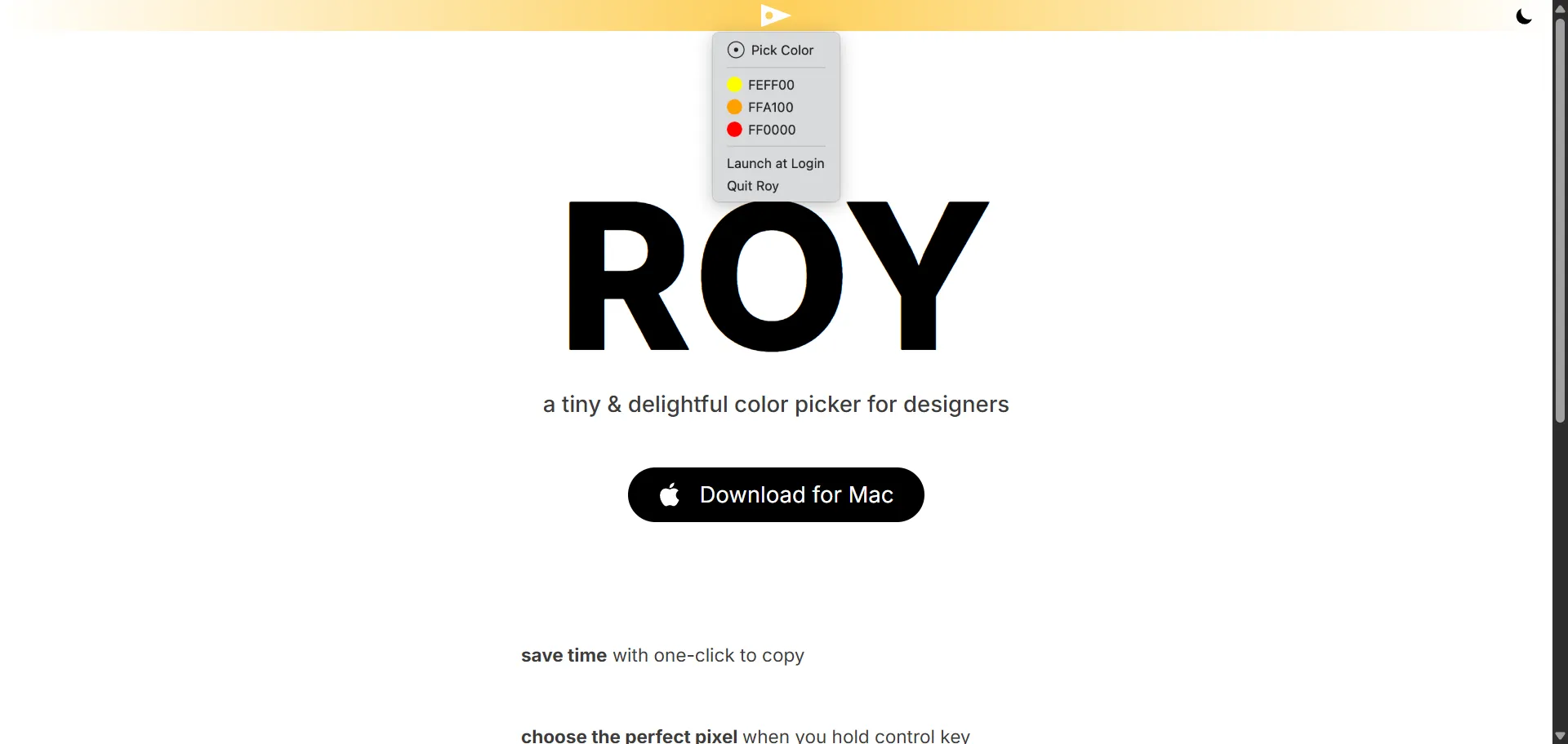 A color picker app that helps designers choose colors easily. It has a simple and elegant design, and shows the features and benefits of the app.