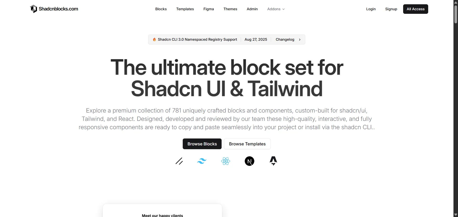 Shadcnblocks is a premium, extensive library of 781+ high-quality, interactive UI blocks and components designed for seamless integration with shadcn/ui, Tailwind CSS, and React. Crafted by expert designers and developers, these blocks cover diverse use cases including marketing pages, e-commerce, portfolios, dashboards, and more. All components are fully responsive and customizable via Tailwind classes, enabling fast copy-paste workflows while maintaining design consistency. Users benefit from lifetime access to updates and new blocks, boosting development efficiency and maintaining modern UI standards.