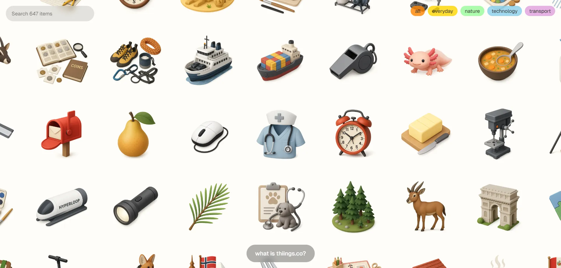 Inspired by Airbnb icons, a diverse collection of "things" categorized into themes such as Everyday, Nature, Technology, and Transport.