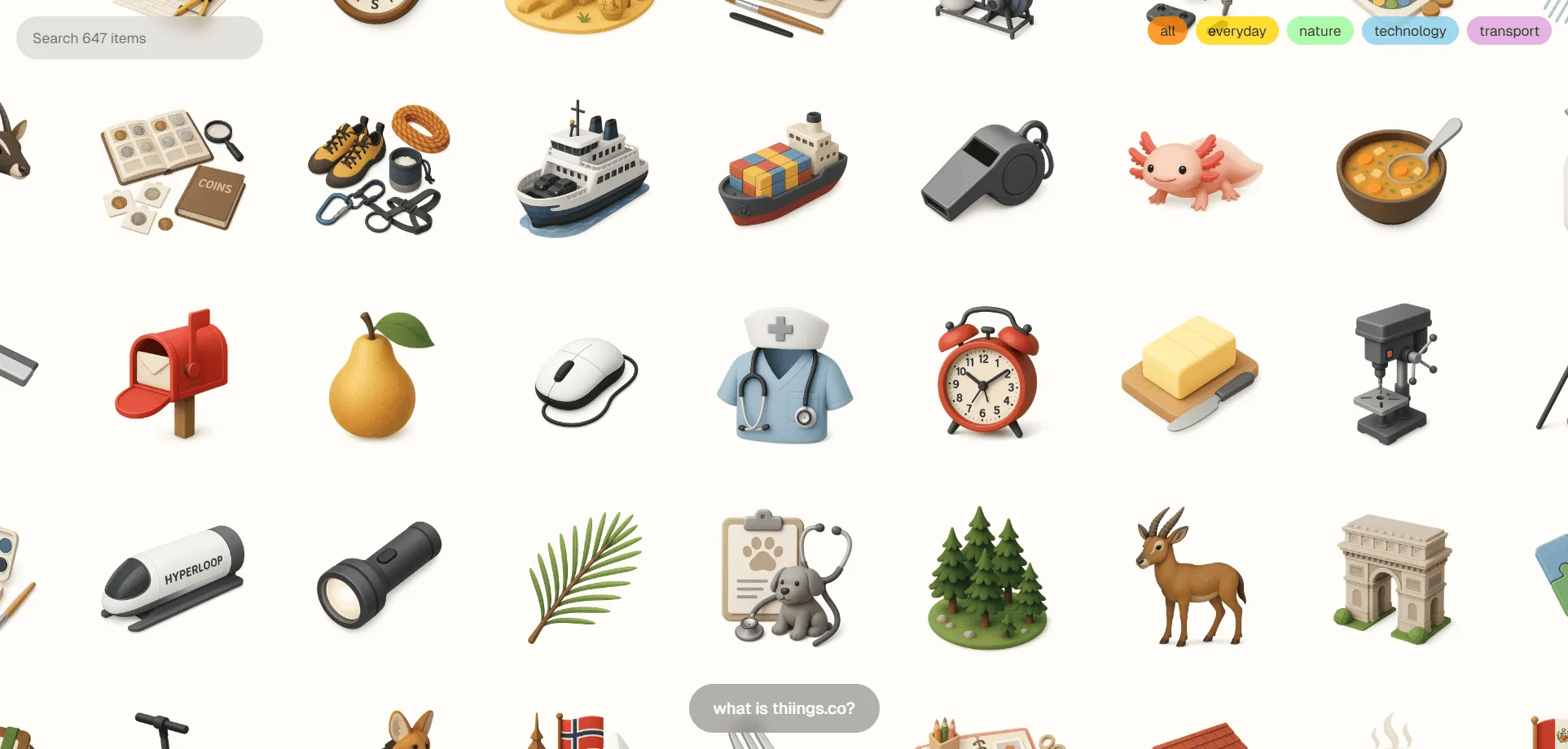 3D icons collection becomes instantly accessible with Thiings' comprehensive library of 5000+ AI-generated icons designed for creative professionals and designers. Built for designers who want high-quality 3D icons without expensive subscriptions, this growing platform combines everyday objects, nature elements, technology symbols, and transport designs with easy PNG downloads so you can access transparent backgrounds, themed collections, and custom generation tools instantly, while personal and commercial licensing enables seamless integration across any project without usage restrictions. This free resource empowers creative professionals with AI-powered generation capabilities and extensive categorization, ensuring every design project ships faster, looks more professional, and scales effortlessly across your entire creative workflow with direct access to unique 3D icons that enhance visual appeal and user
