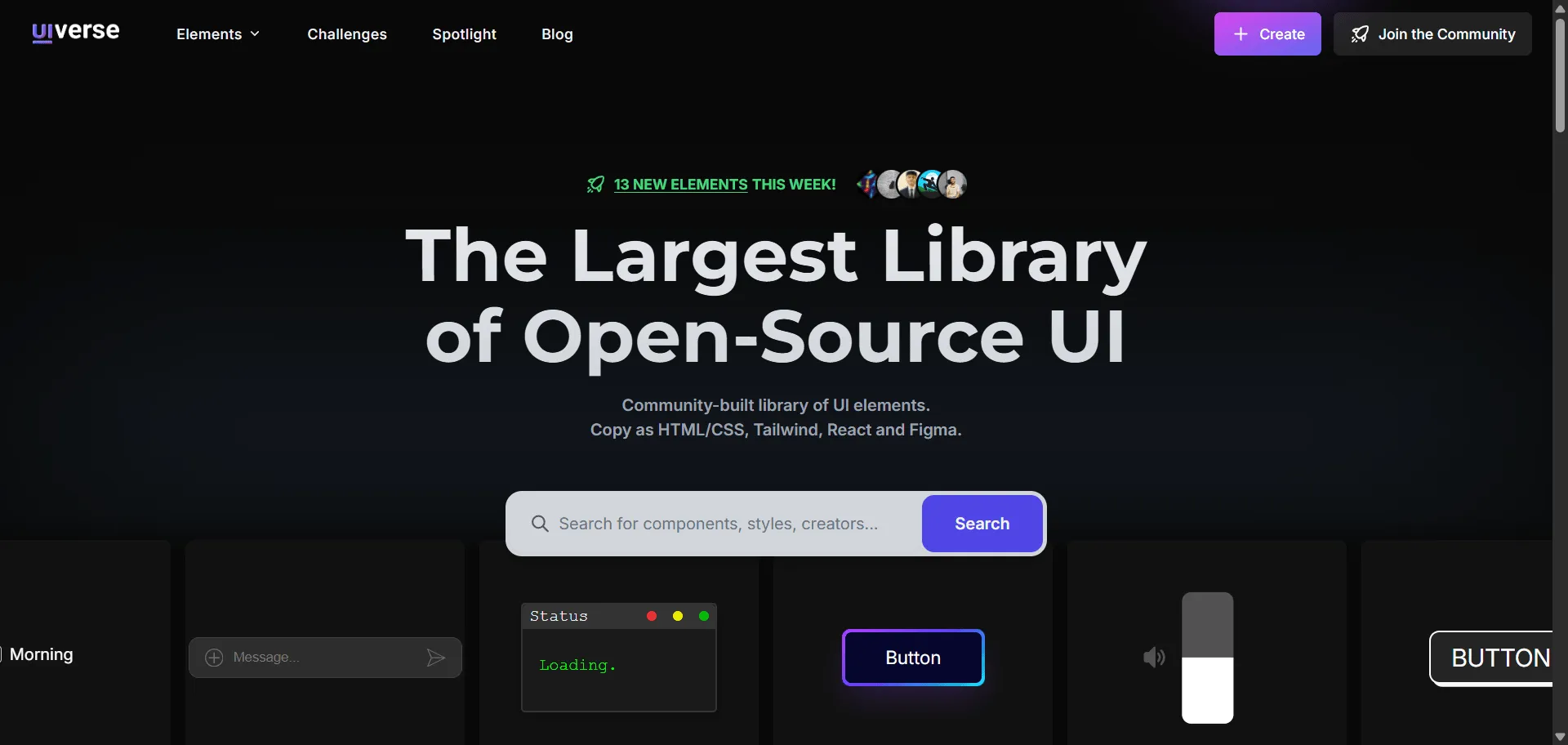Uiverse is a vast, community-driven open-source UI library offering over 3,000 unique UI elements including buttons, cards, loaders, and forms. Designed for developers and designers, the library provides easy integration with CSS, Tailwind CSS, and Figma, enabling fast prototyping and consistent UI development. All elements are freely available under the MIT license, fostering collaboration and innovation within a vibrant global community. Uiverse accelerates UI design with high-quality, customizable components suitable for production and design exploration.