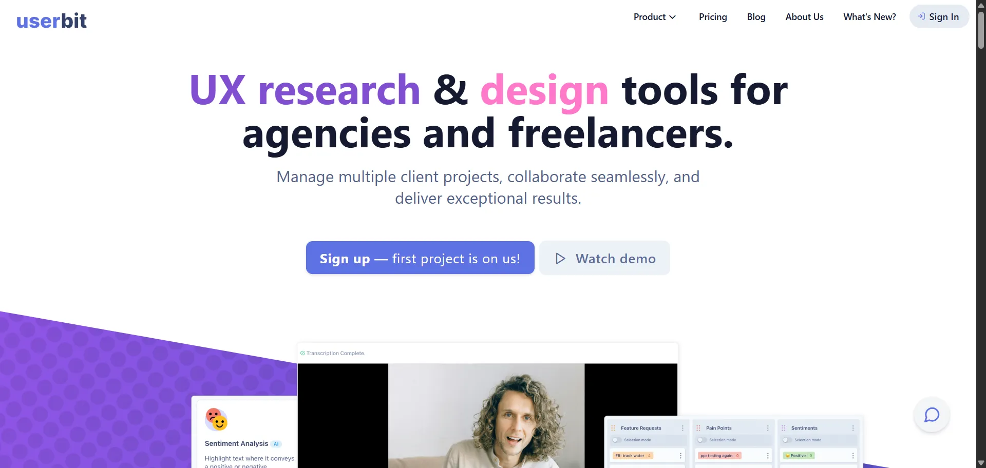UX research platform that helps users manage participants, conduct interviews, analyze data, create personas, design sitemaps, and more