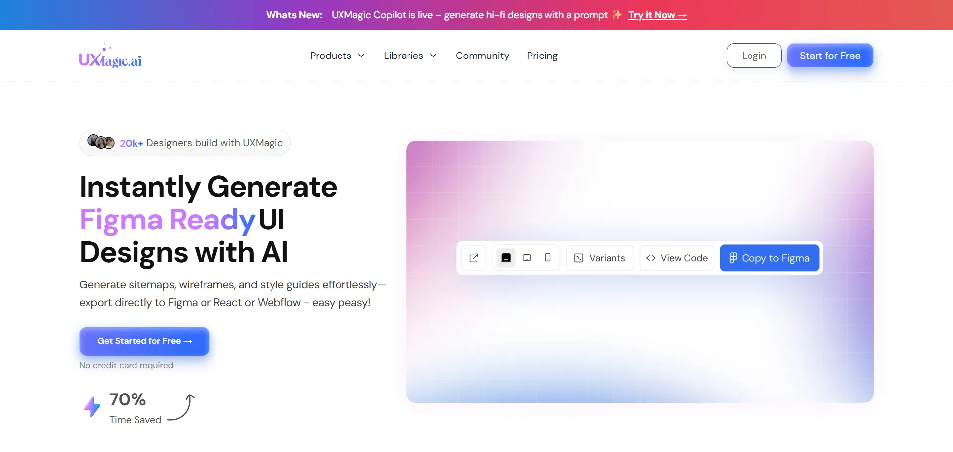 UXMagic.ai is the AI wireframe generator that eliminates manual design repetition while delivering production-ready interfaces trusted by over 2,400 designers worldwide. Built for UI/UX designers, agile teams, and creative agencies, it combines prompt-to-UI generation with screenshot and sketch conversion so you can create complete sitemaps and multi-page wireframes instantly, while Figma export integration and sectional editing enable seamless handoff and granular refinement without workflow disruption. This runs on a platform that saves up to 70% of design time with context-aware wireframes praised for reducing stakeholder back-and-forth, ensuring every project ships faster, looks sharper, and scales effortlessly with React and HTML code exports ready for developer handoff.